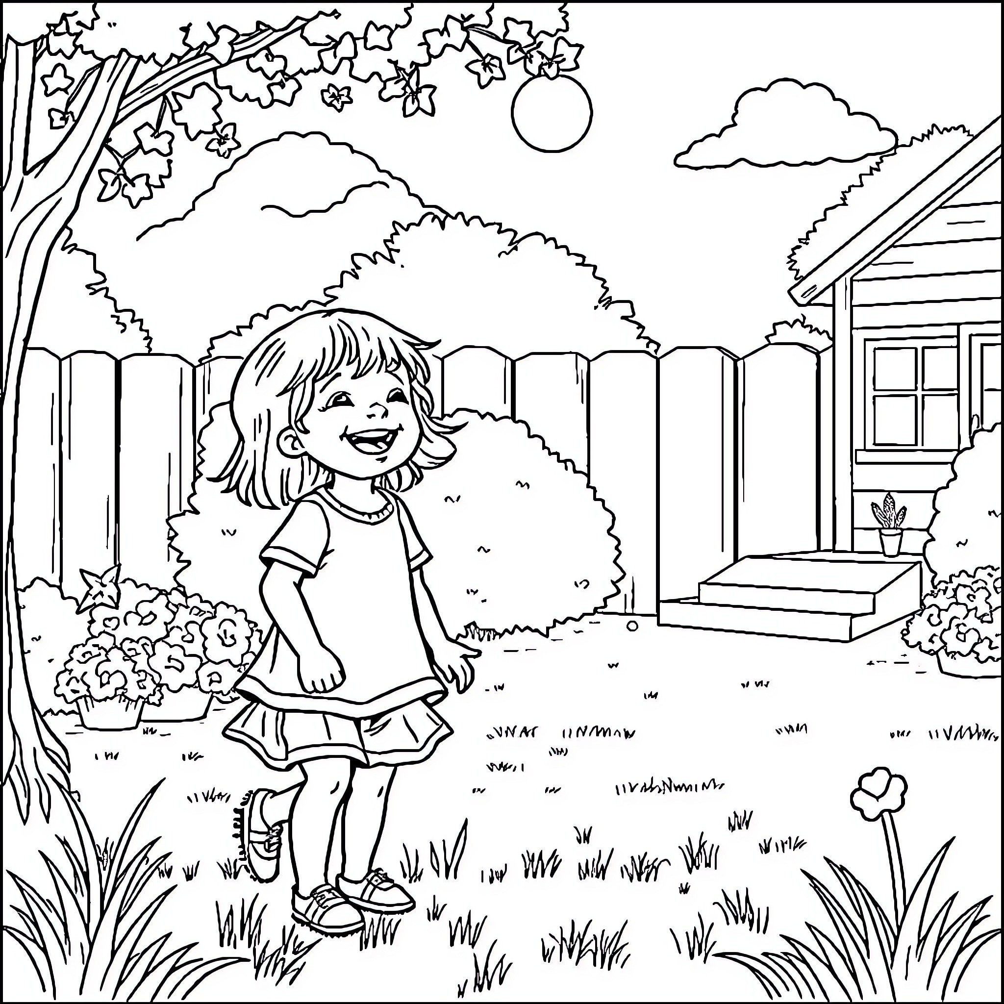 Girl Enjoying Nature in the Backyard Coloring Page (free black-and-white line drawing printable PDF for all, from beginners to advanced learners, including children, teens, adults, and seniors)