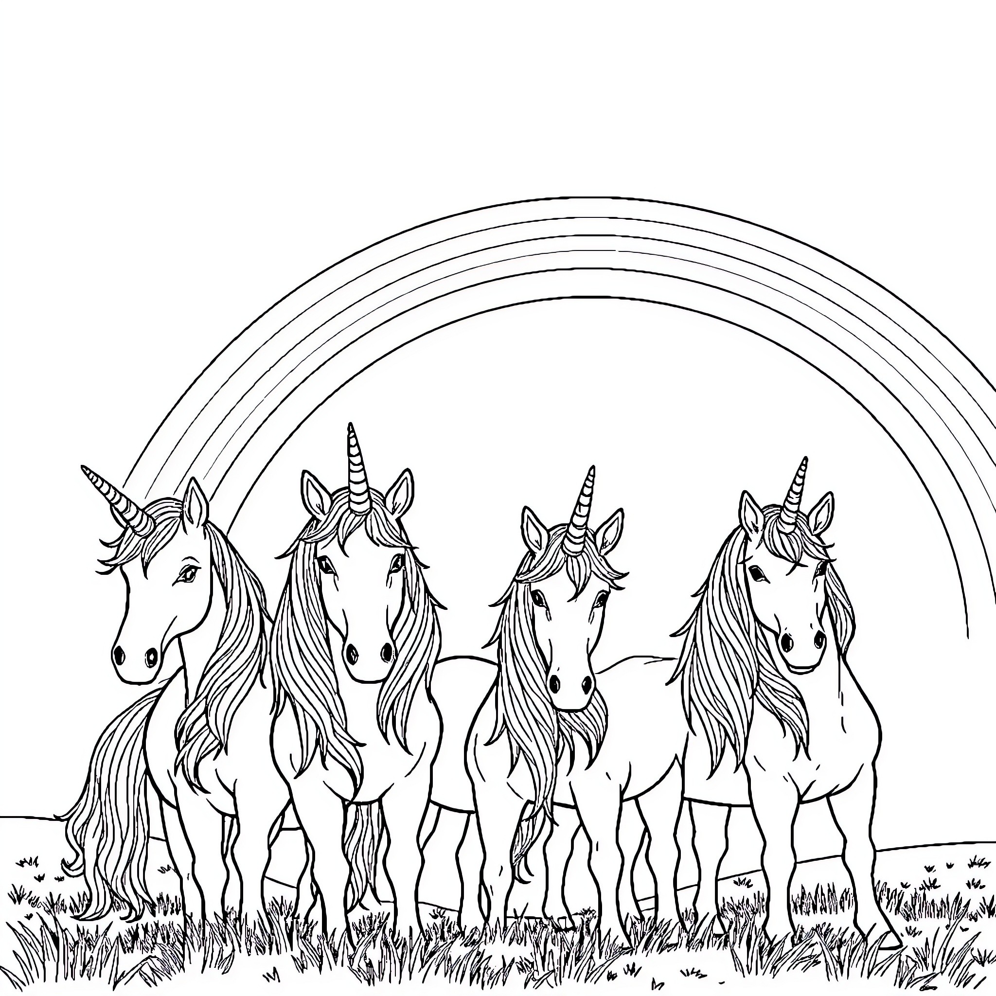 Unicorn herd gathering under a rainbow Coloring Page (free black-and-white line drawing printable PDF for all, from beginners to advanced learners, including children, teens, adults, and seniors)