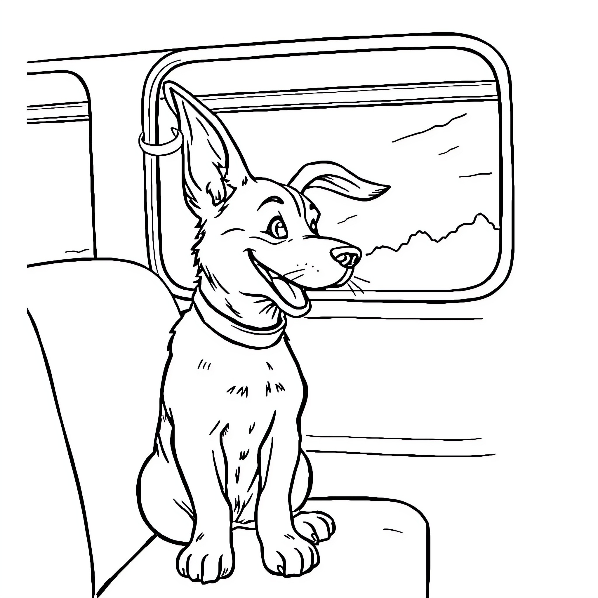Dog enjoying the ride through the window Coloring Page (free black-and-white line drawing printable PDF for all, from beginners to advanced learners, including children, teens, adults, and seniors)