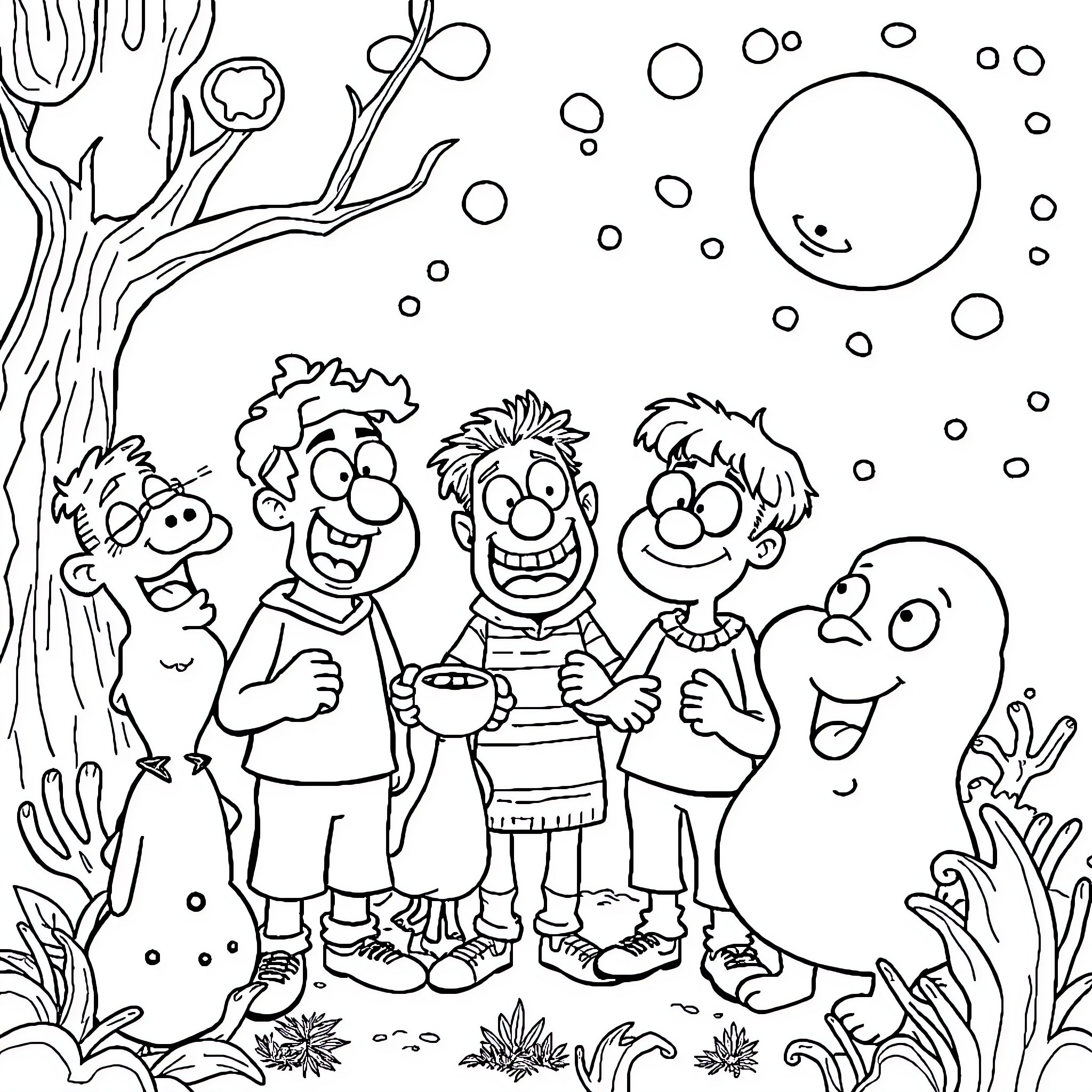 Cartoon Friends Enjoying Outdoor Adventure Coloring Page (free black-and-white line drawing printable PDF for all, from beginners to advanced learners, including children, teens, adults, and seniors)