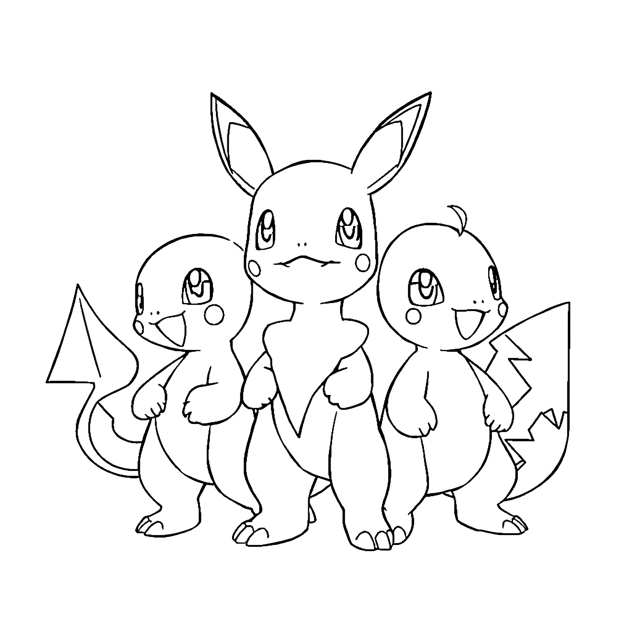 Pokémon characters in a playful pose Coloring Page (free black-and-white line drawing printable PDF for all, from beginners to advanced learners, including children, teens, adults, and seniors)