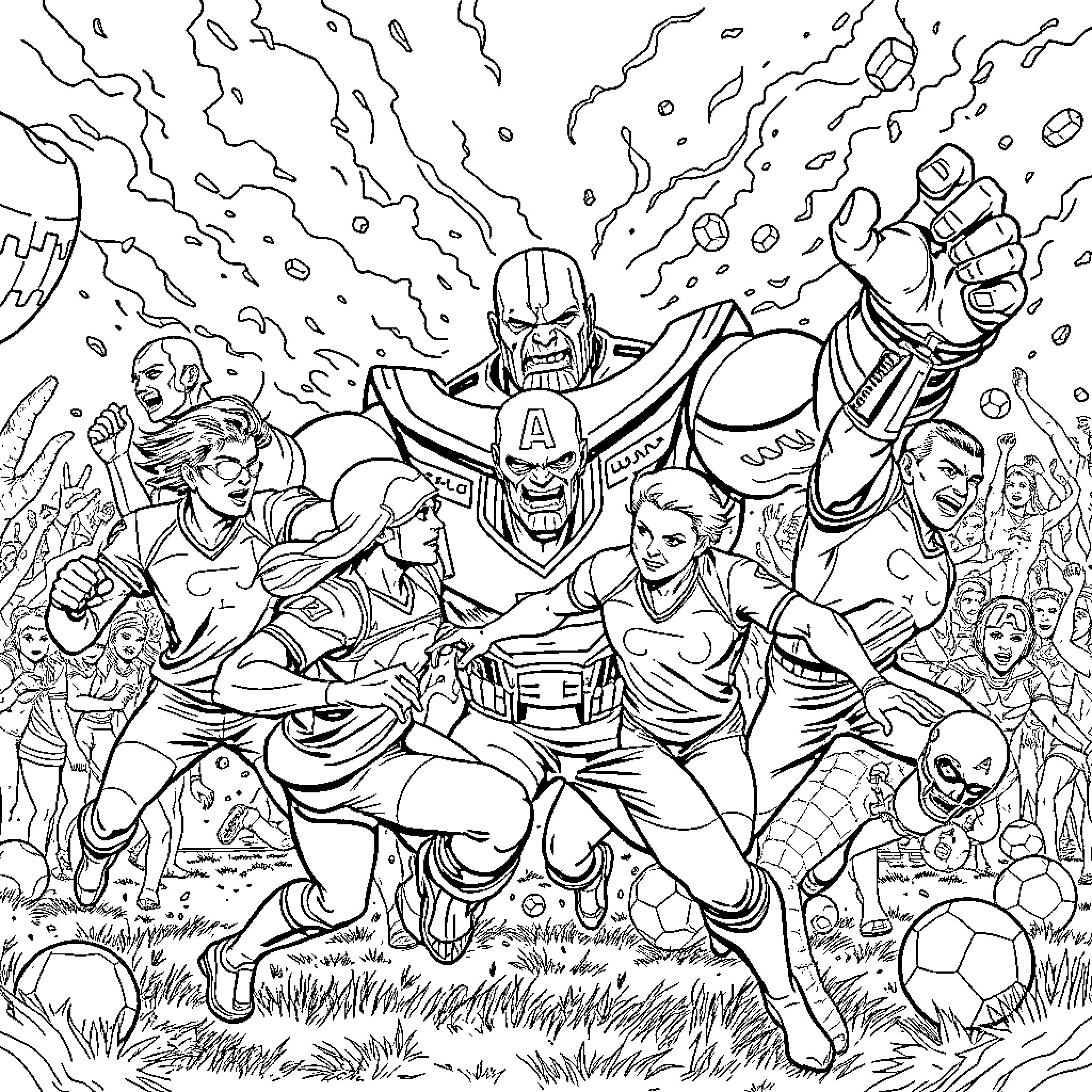 Marvel Heroes in Epic Battle Scene Coloring Page (free black-and-white line drawing printable PDF for all, from beginners to advanced learners, including children, teens, adults, and seniors)