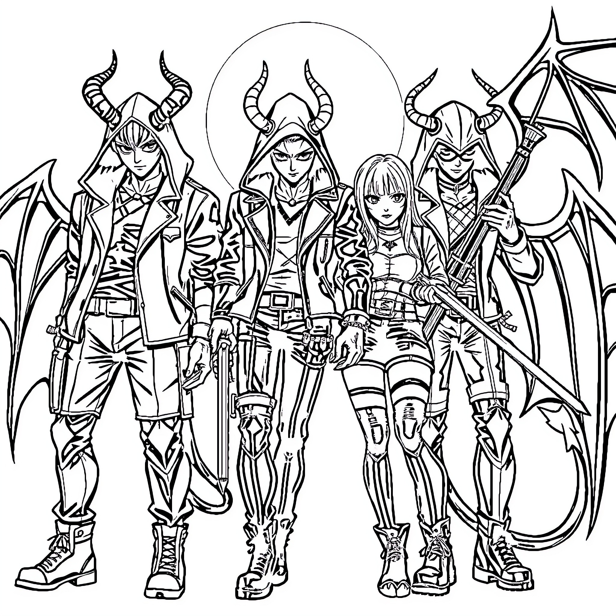Demon Hunters in Fierce Battle Gear Coloring Page (free black-and-white line drawing printable PDF for all, from beginners to advanced learners, including children, teens, adults, and seniors)