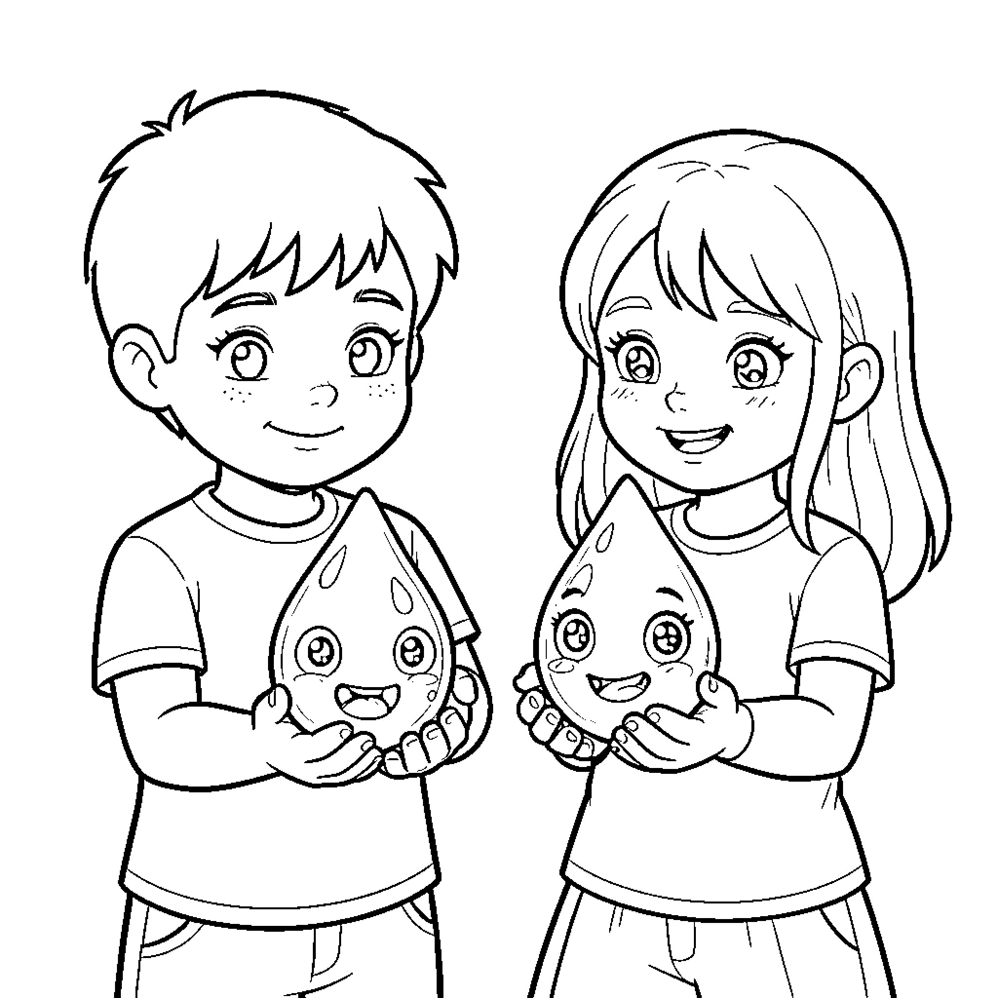 Niño y Niña playing with happy characters Coloring Page (free black-and-white line drawing printable PDF for all, from beginners to advanced learners, including children, teens, adults, and seniors)