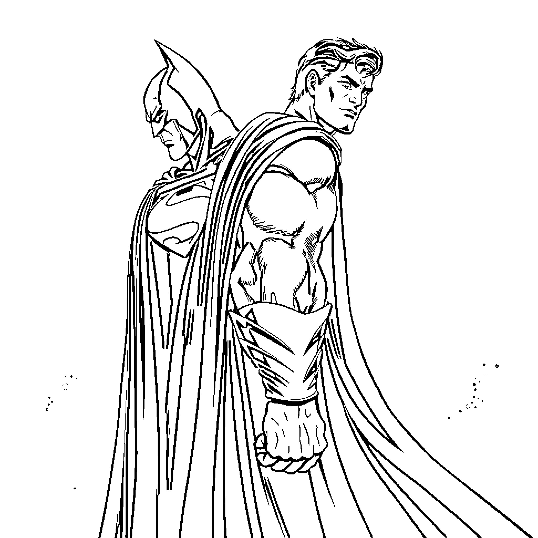 Superman standing heroically with cape Coloring Page (free black-and-white line drawing printable PDF for all, from beginners to advanced learners, including children, teens, adults, and seniors)