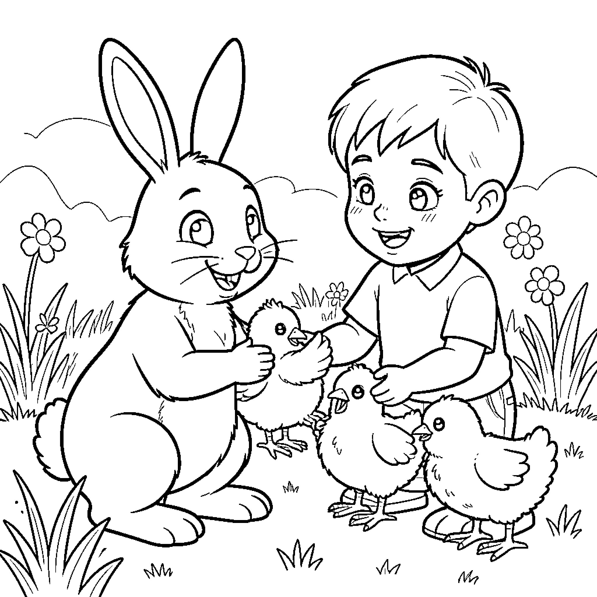 Easter Bunny and Boy Feeding Baby Chicks Coloring Page (free black-and-white line drawing printable PDF for all, from beginners to advanced learners, including children, teens, adults, and seniors)