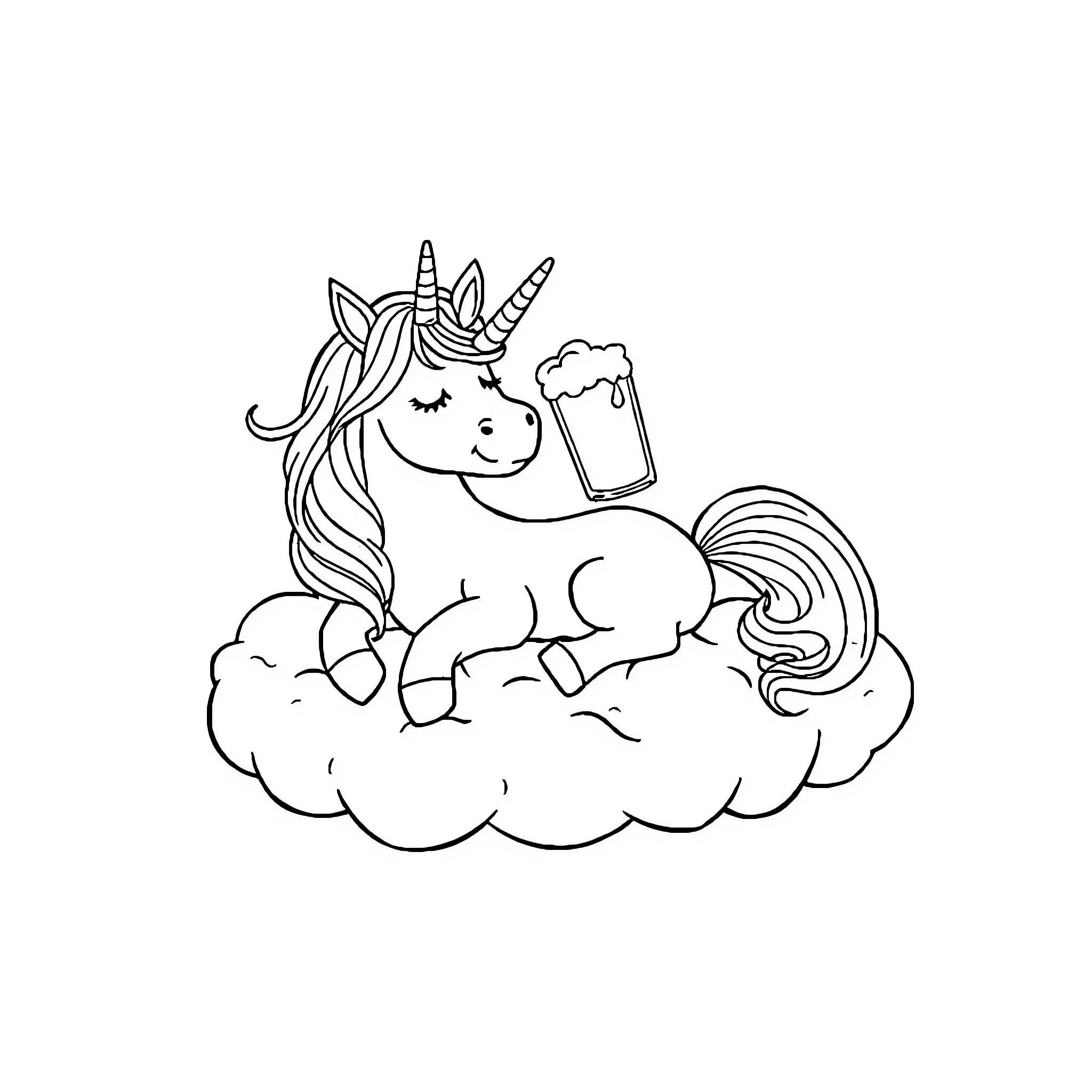 Unicorn resting peacefully on a cloud Coloring Page (free black-and-white line drawing printable PDF for all, from beginners to advanced learners, including children, teens, adults, and seniors)