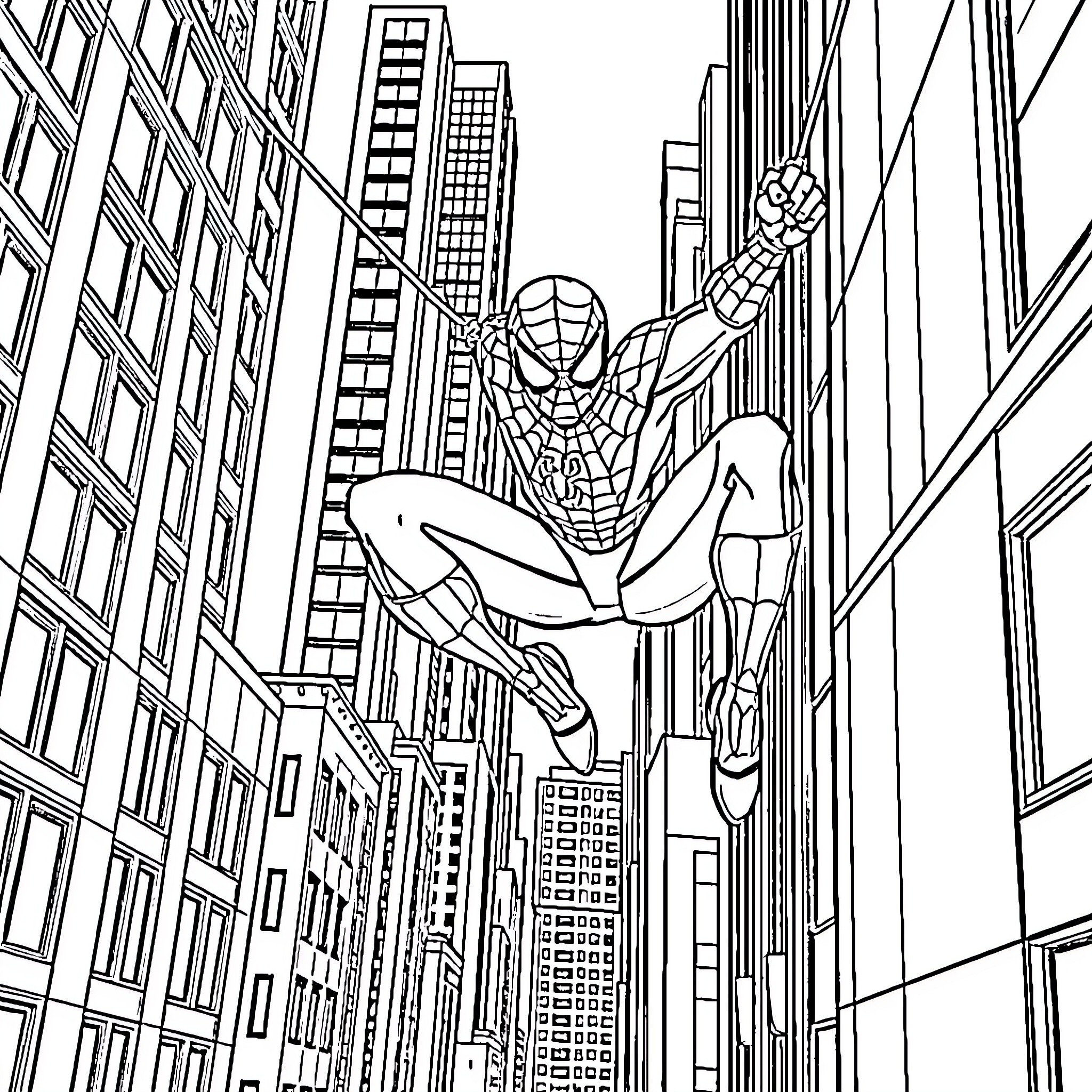 Spiderman swinging through the city skyline Coloring Page (free black-and-white line drawing printable PDF for all, from beginners to advanced learners, including children, teens, adults, and seniors)