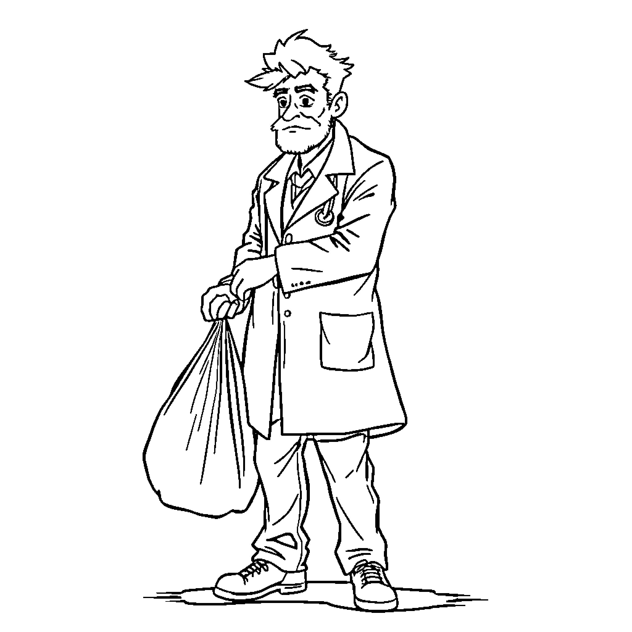 Garbage Man Carrying Trash Bag in Formal Attire Coloring Page (free black-and-white line drawing printable PDF for all, from beginners to advanced learners, including children, teens, adults, and seniors)