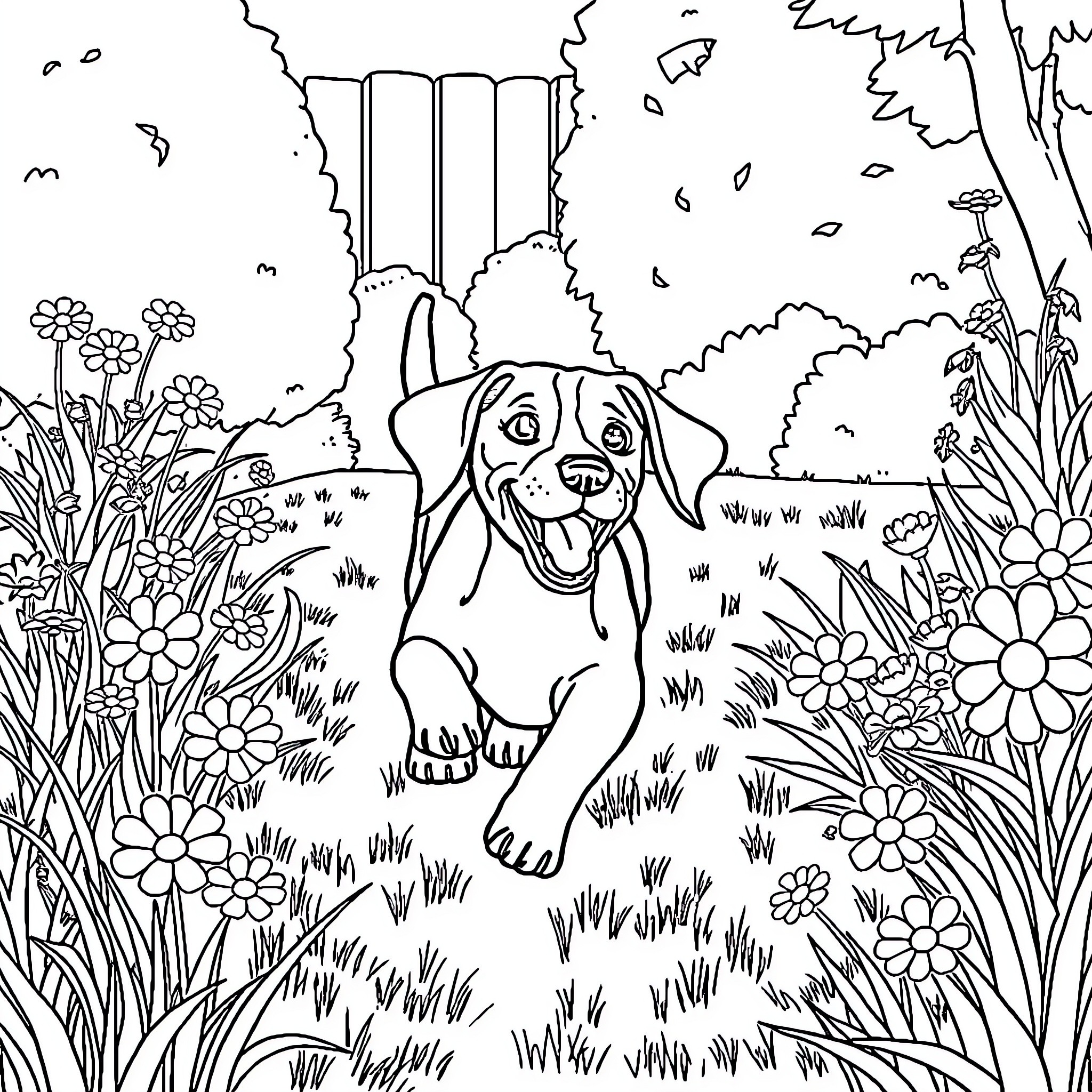 Beagle exploring a lush floral landscape Coloring Page (free black-and-white line drawing printable PDF for all, from beginners to advanced learners, including children, teens, adults, and seniors)