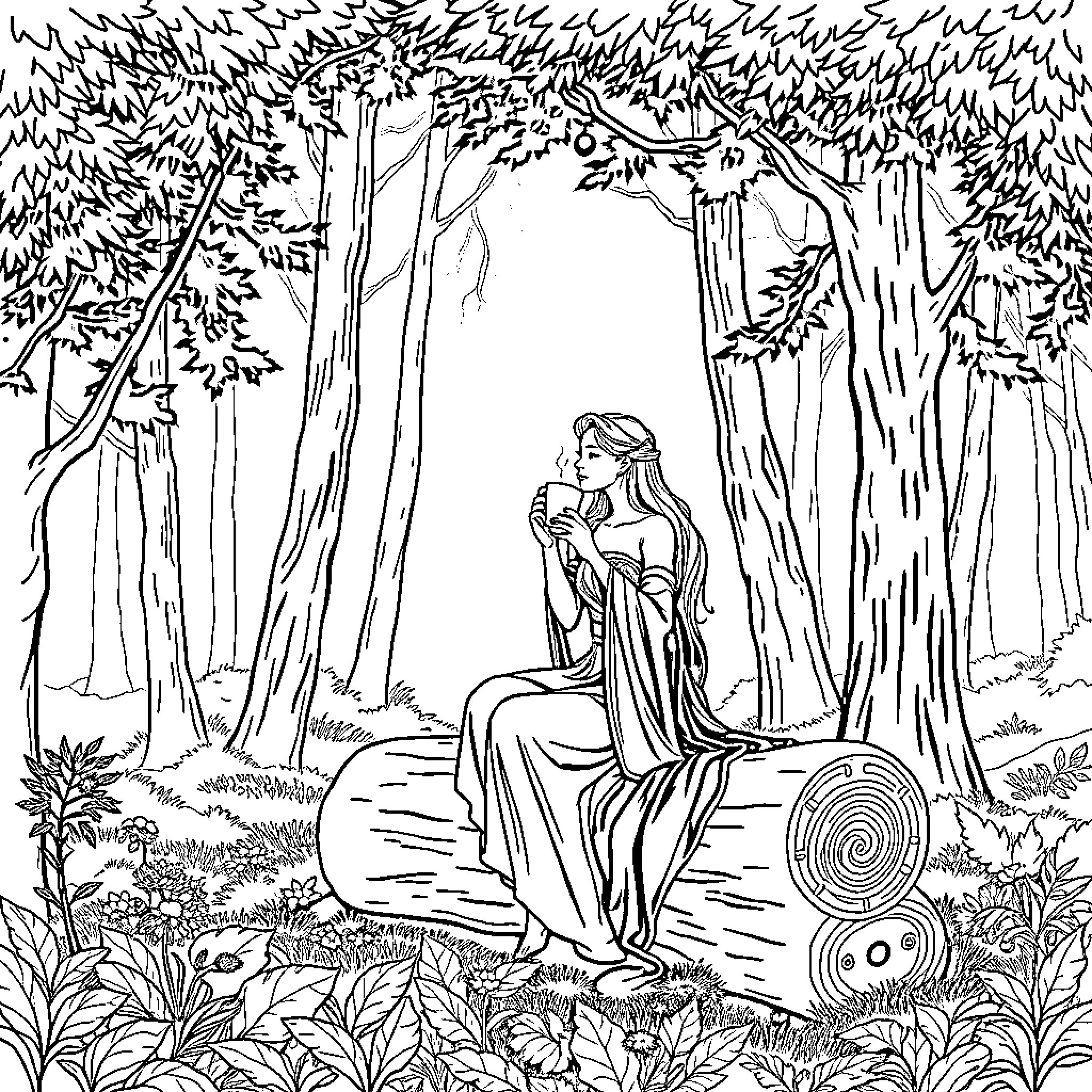 Goddess in serene forest contemplation Coloring Page (free black-and-white line drawing printable PDF for all, from beginners to advanced learners, including children, teens, adults, and seniors)
