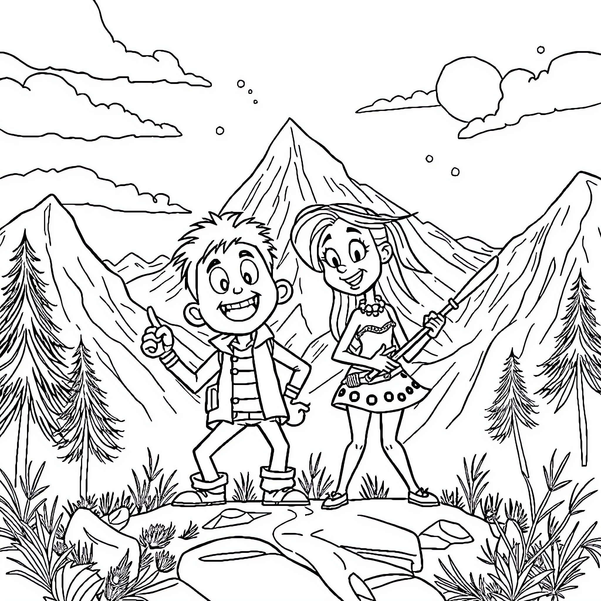 Jack and Sally exploring the enchanting mountain landscape Coloring Page (free black-and-white line drawing printable PDF for all, from beginners to advanced learners, including children, teens, adults, and seniors)
