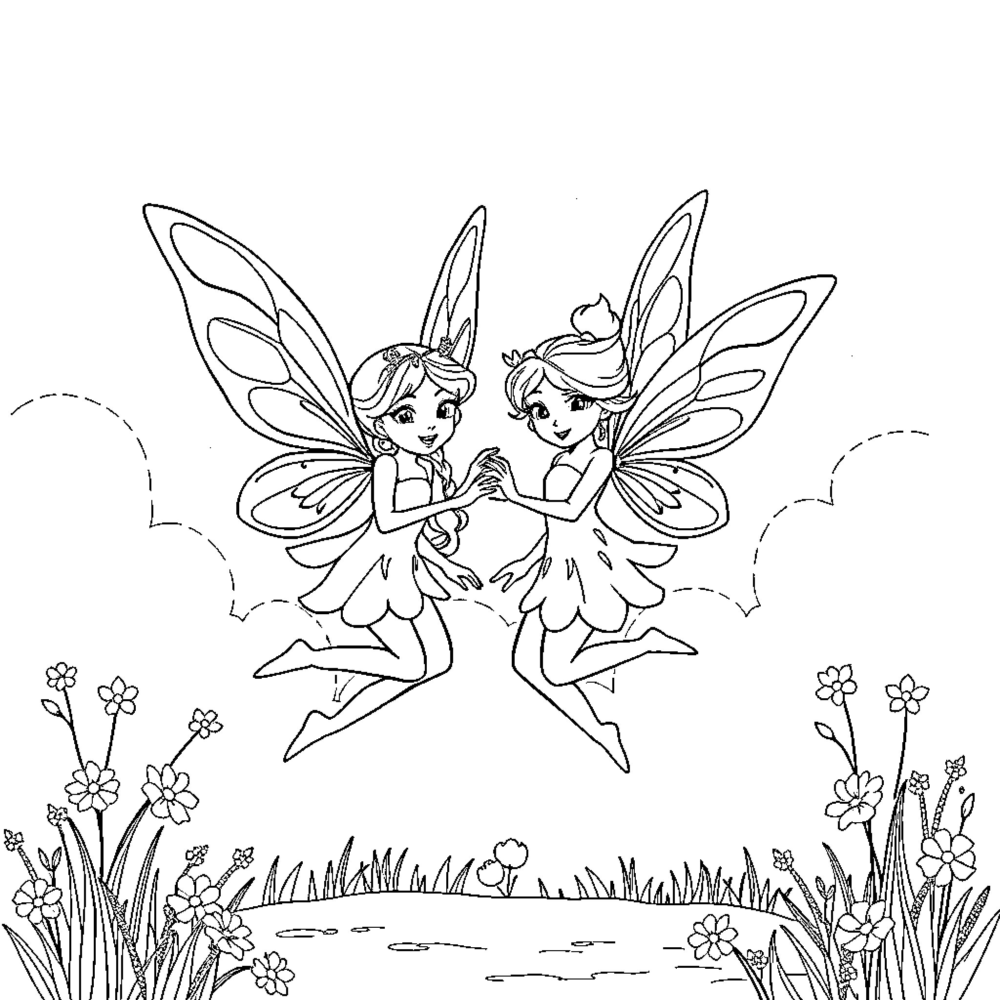 Fairy sisters dancing in the meadow Coloring Page (free black-and-white line drawing printable PDF for all, from beginners to advanced learners, including children, teens, adults, and seniors)