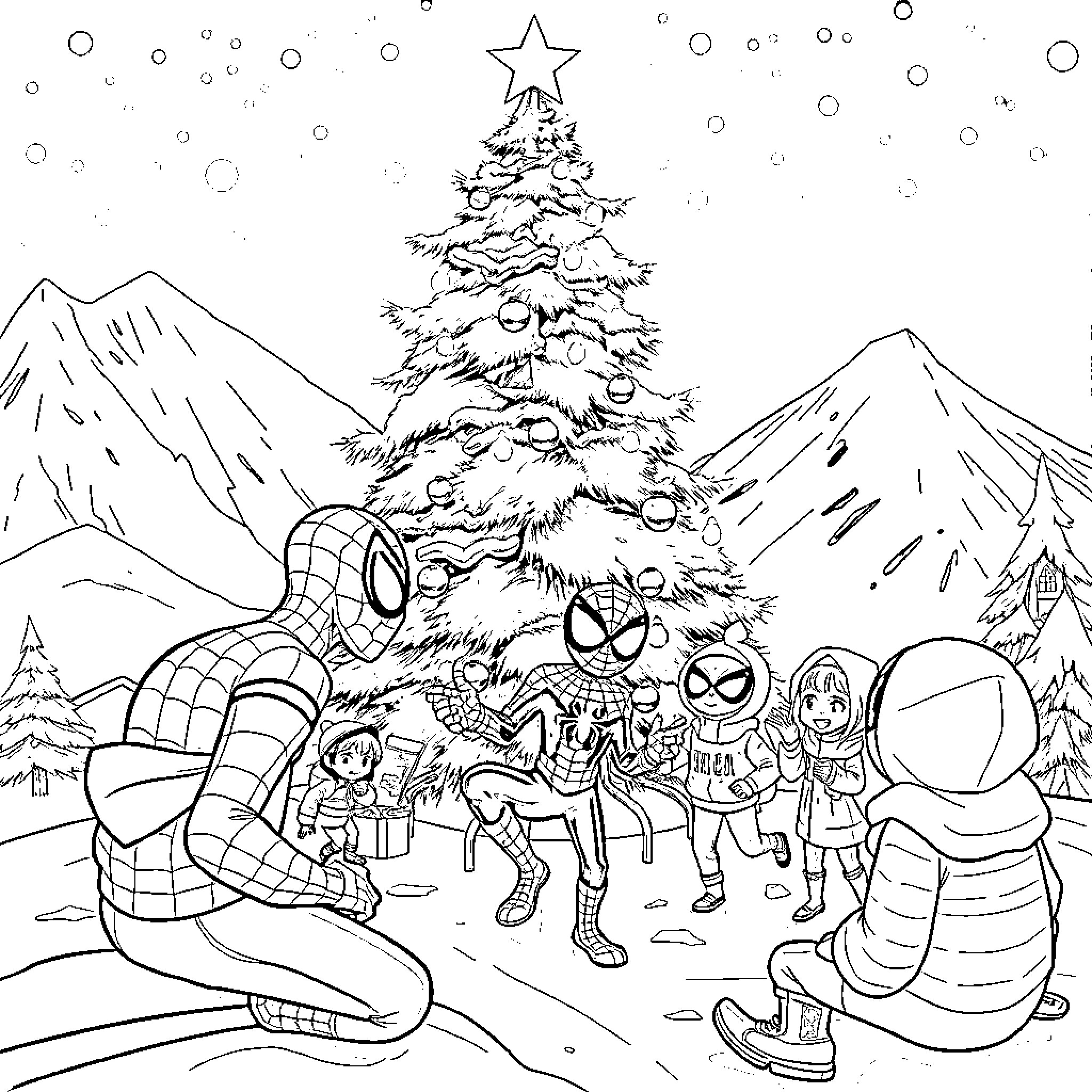 Spidey's Winter Wonderland Adventure Coloring Page (free black-and-white line drawing printable PDF for all, from beginners to advanced learners, including children, teens, adults, and seniors)