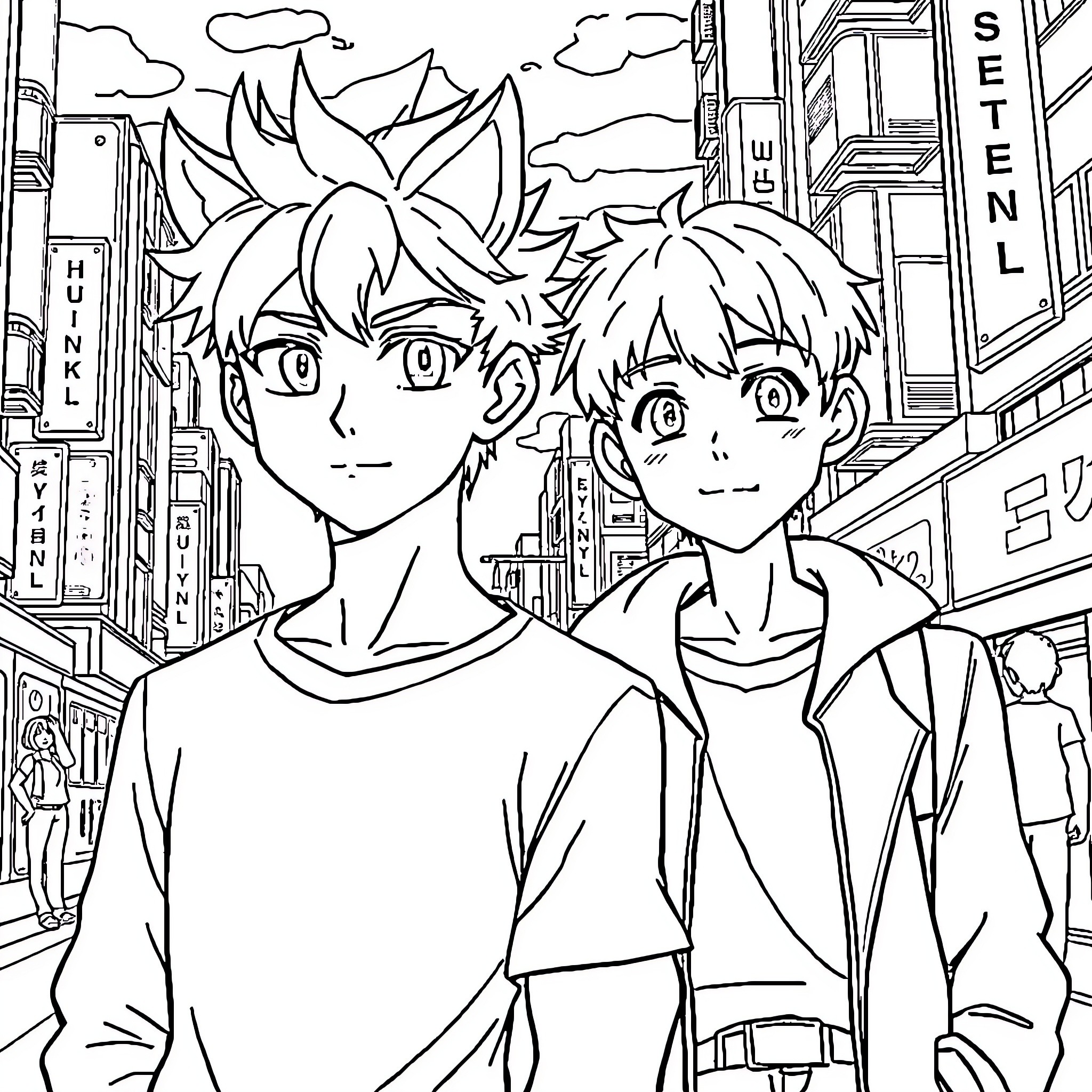 Ash Lynx and friend explore the city streets Coloring Page (free black-and-white line drawing printable PDF for all, from beginners to advanced learners, including children, teens, adults, and seniors)