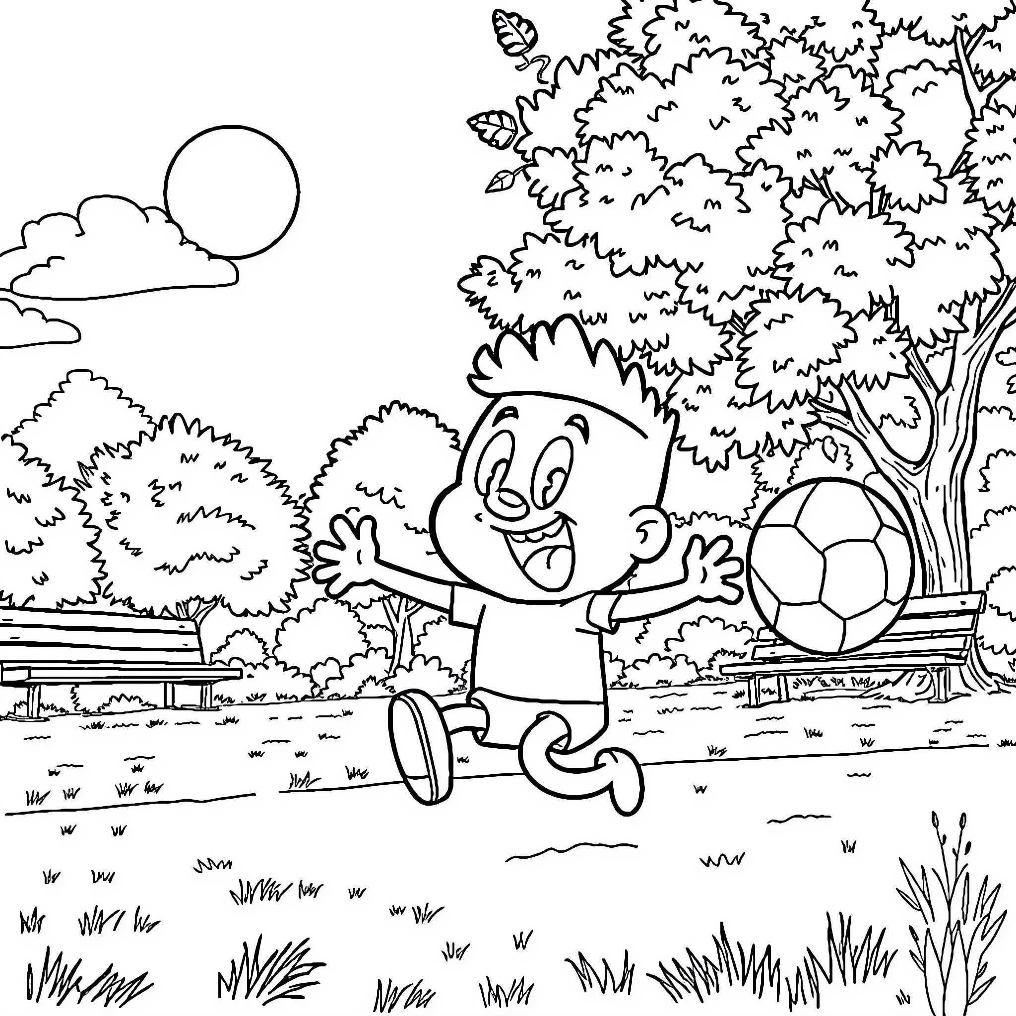 Gumball playing happily with soccer ball in park Coloring Page (free black-and-white line drawing printable PDF for all, from beginners to advanced learners, including children, teens, adults, and seniors)