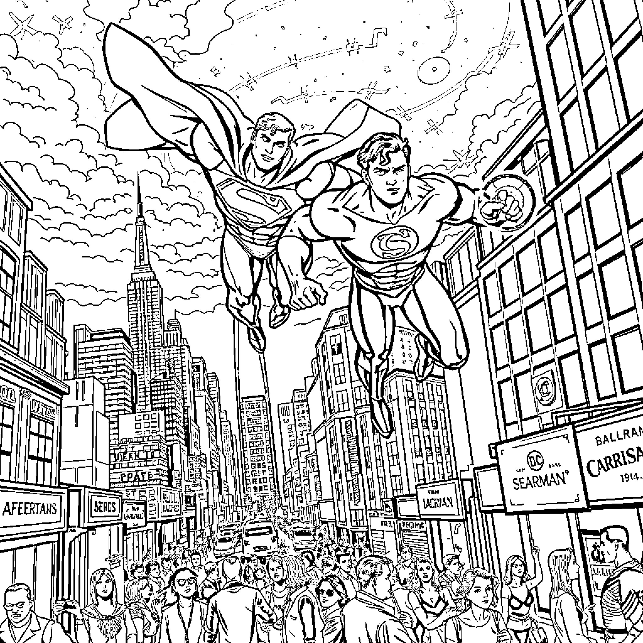 Superman and sidekick soaring over the busy city Coloring Page (free black-and-white line drawing printable PDF for all, from beginners to advanced learners, including children, teens, adults, and seniors)
