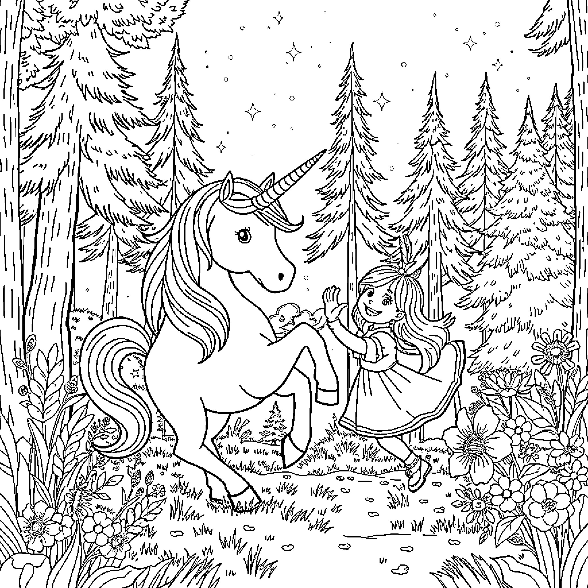 Unicorn Encounter in Enchanted Forest Coloring Page (free black-and-white line drawing printable PDF for all, from beginners to advanced learners, including children, teens, adults, and seniors)