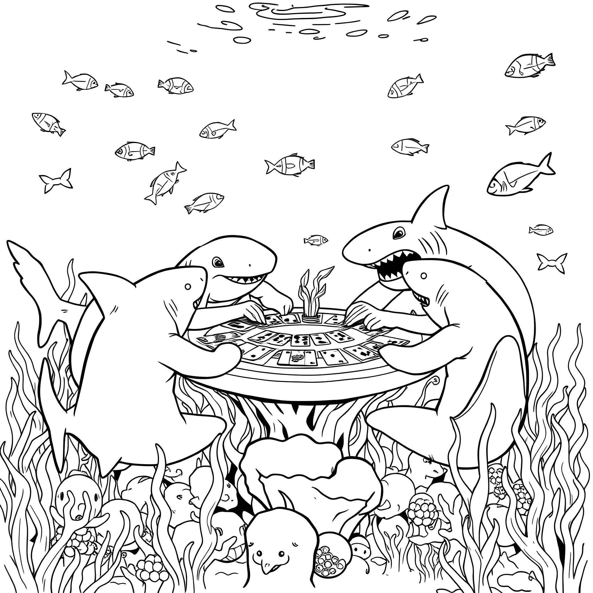 Shark family playing board game underwater Coloring Page (free black-and-white line drawing printable PDF for all, from beginners to advanced learners, including children, teens, adults, and seniors)