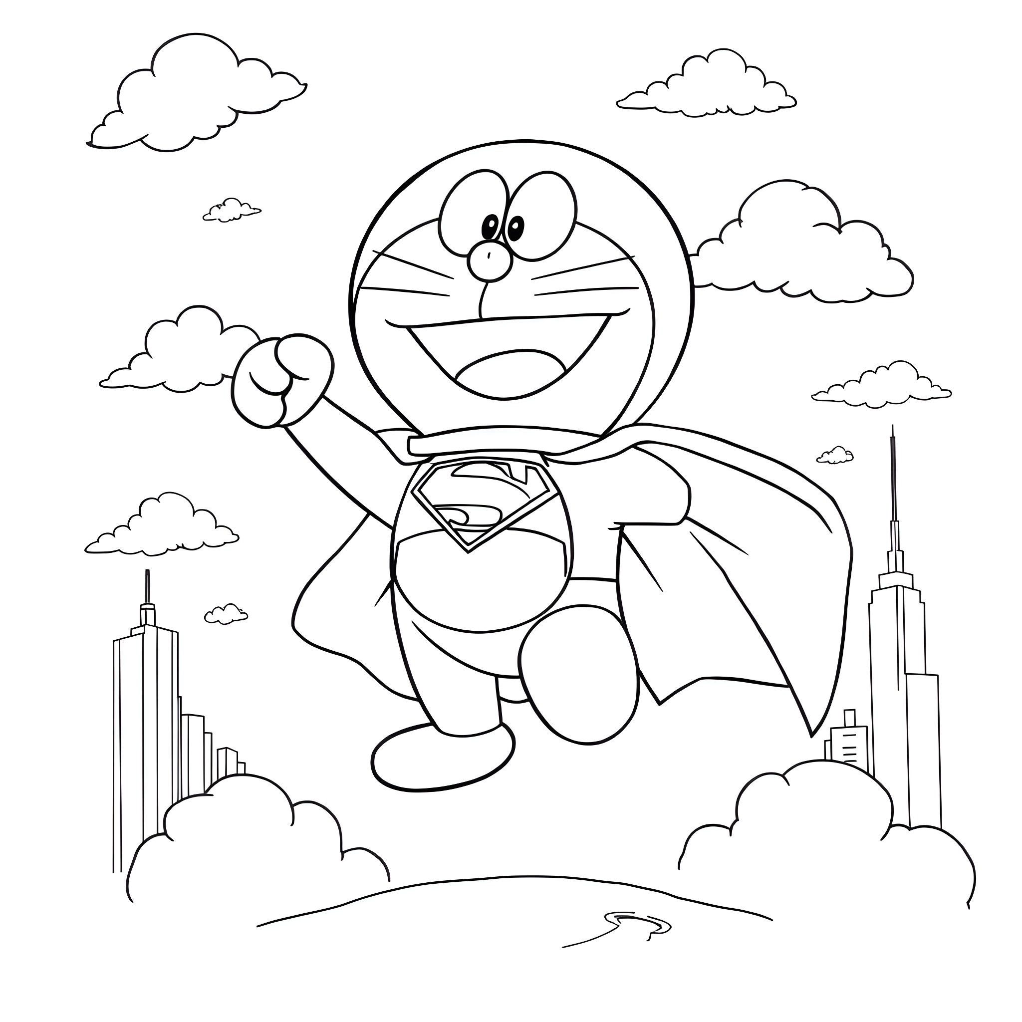 Doraemon as a Superhero in the City Coloring Page (free black-and-white line drawing printable PDF for all, from beginners to advanced learners, including children, teens, adults, and seniors)