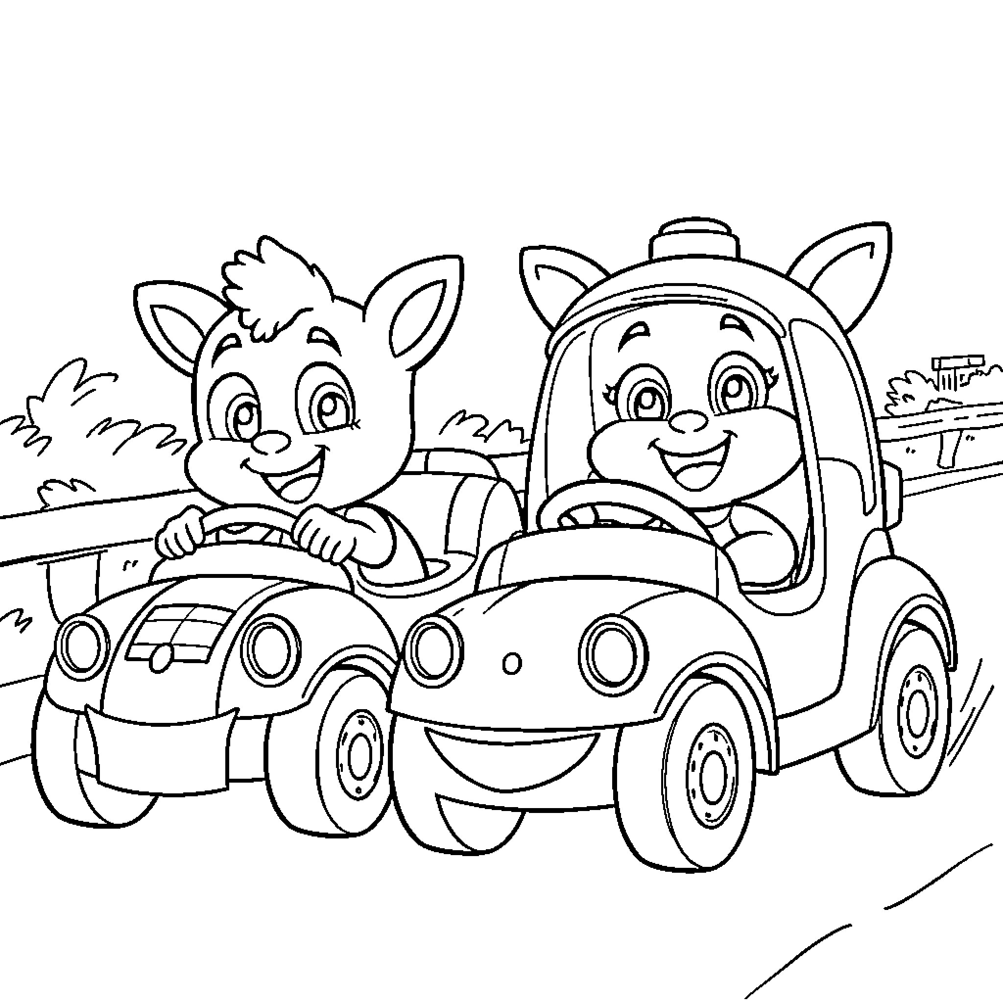 Bluey and friends take a joyful ride in a smiling car Coloring Page (free black-and-white line drawing printable PDF for all, from beginners to advanced learners, including children, teens, adults, and seniors)