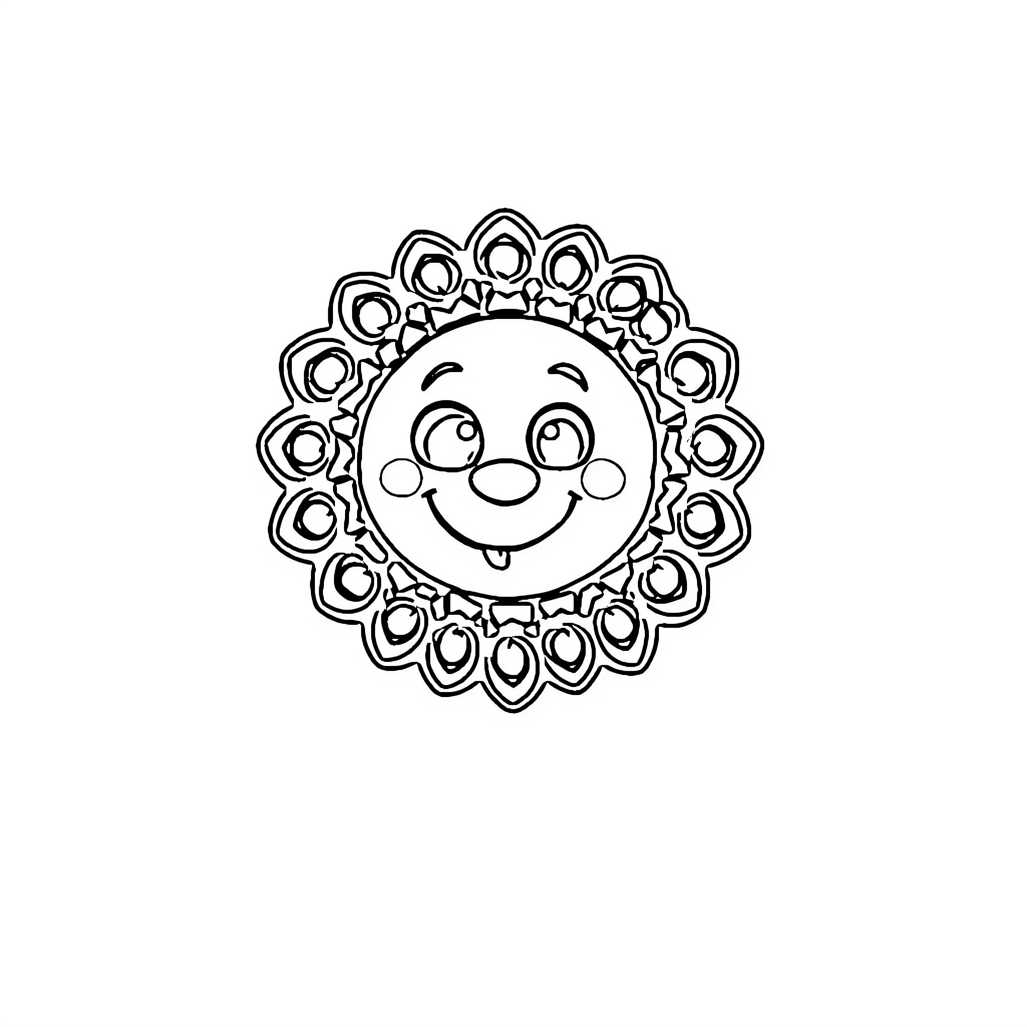 Sticker of a smiling sun-shaped character Coloring Page (free black-and-white line drawing printable PDF for all, from beginners to advanced learners, including children, teens, adults, and seniors)