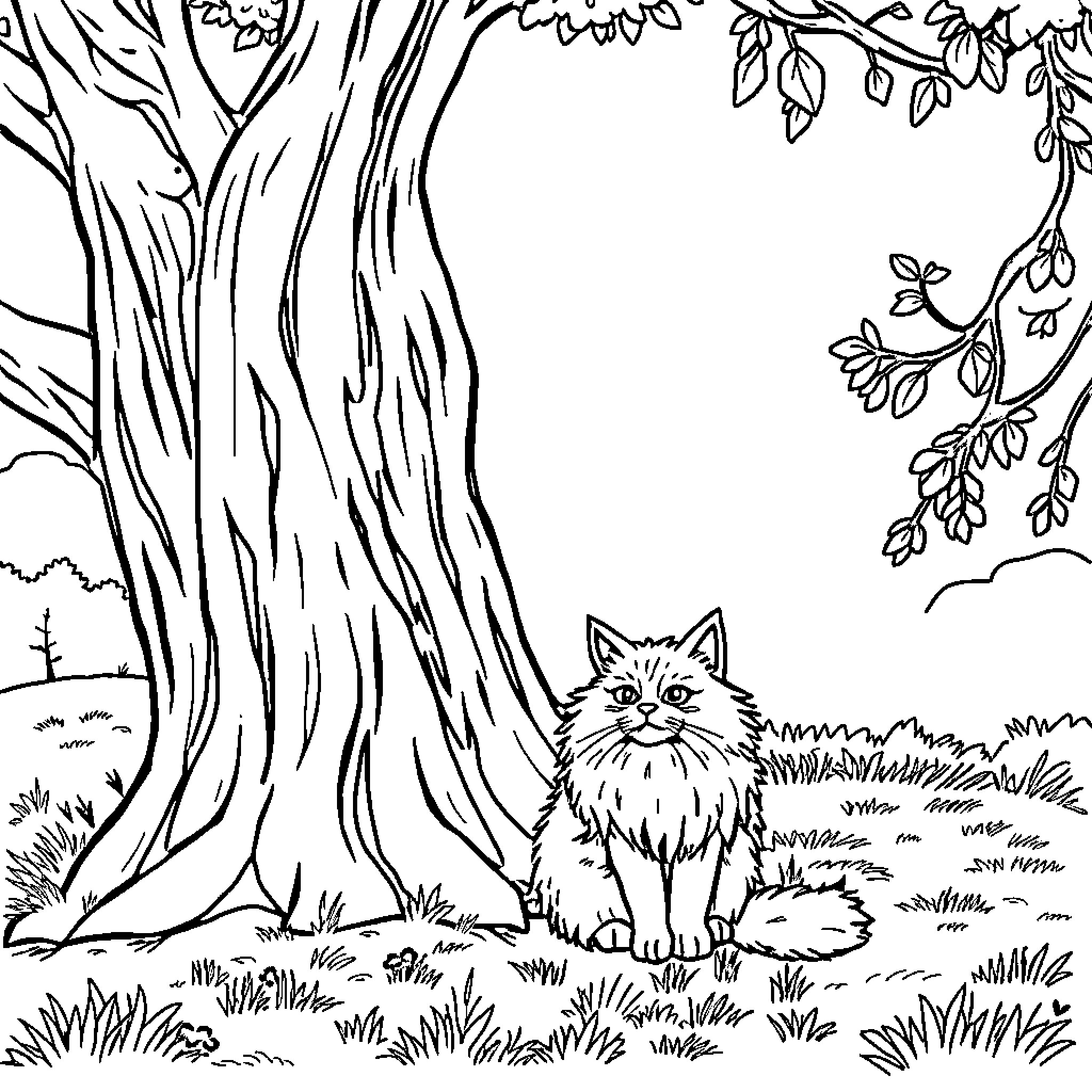 Cat lounging in cozy forest setting Coloring Page (free black-and-white line drawing printable PDF for all, from beginners to advanced learners, including children, teens, adults, and seniors)