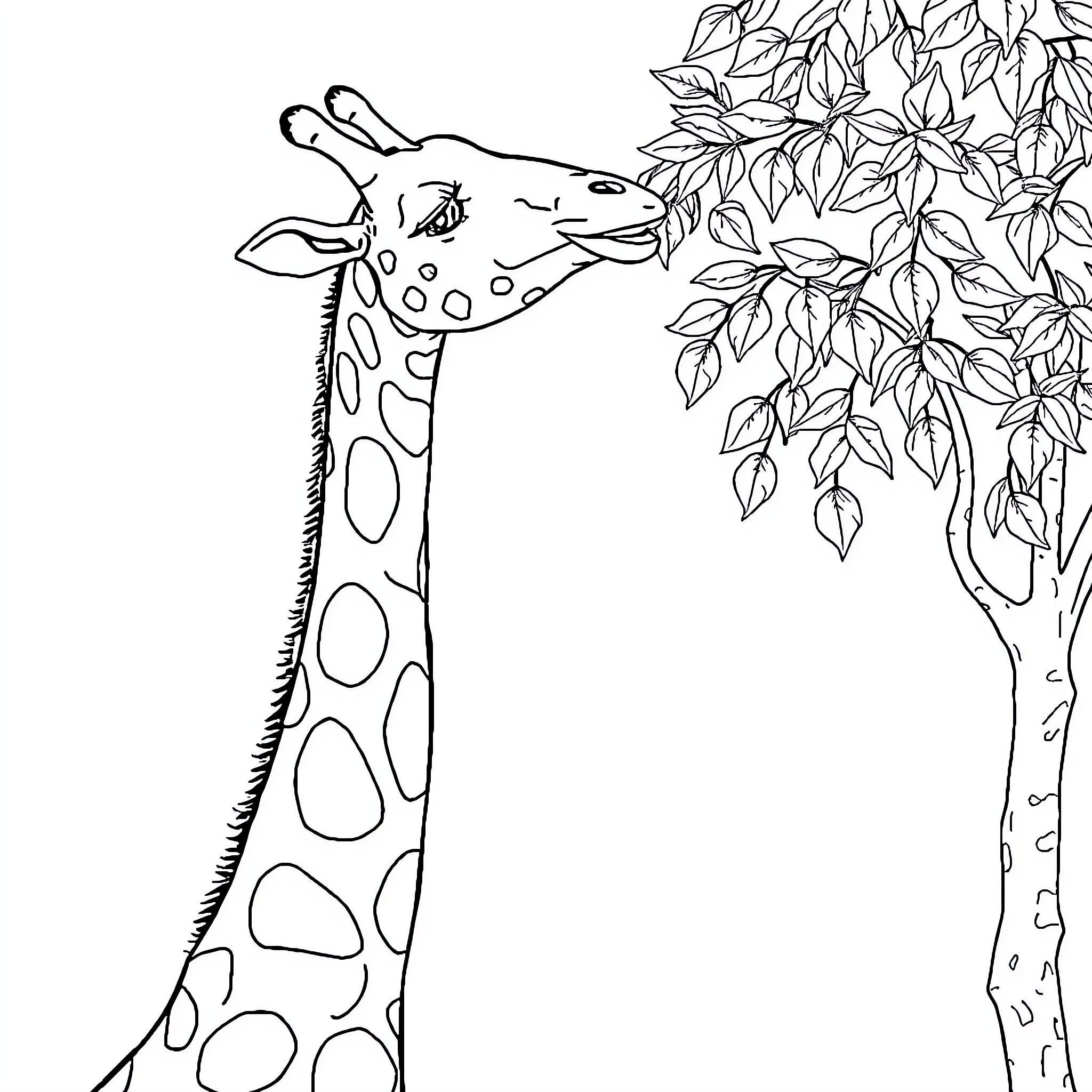 Giraffe browsing leaves on tree Coloring Page (free black-and-white line drawing printable PDF for all, from beginners to advanced learners, including children, teens, adults, and seniors)