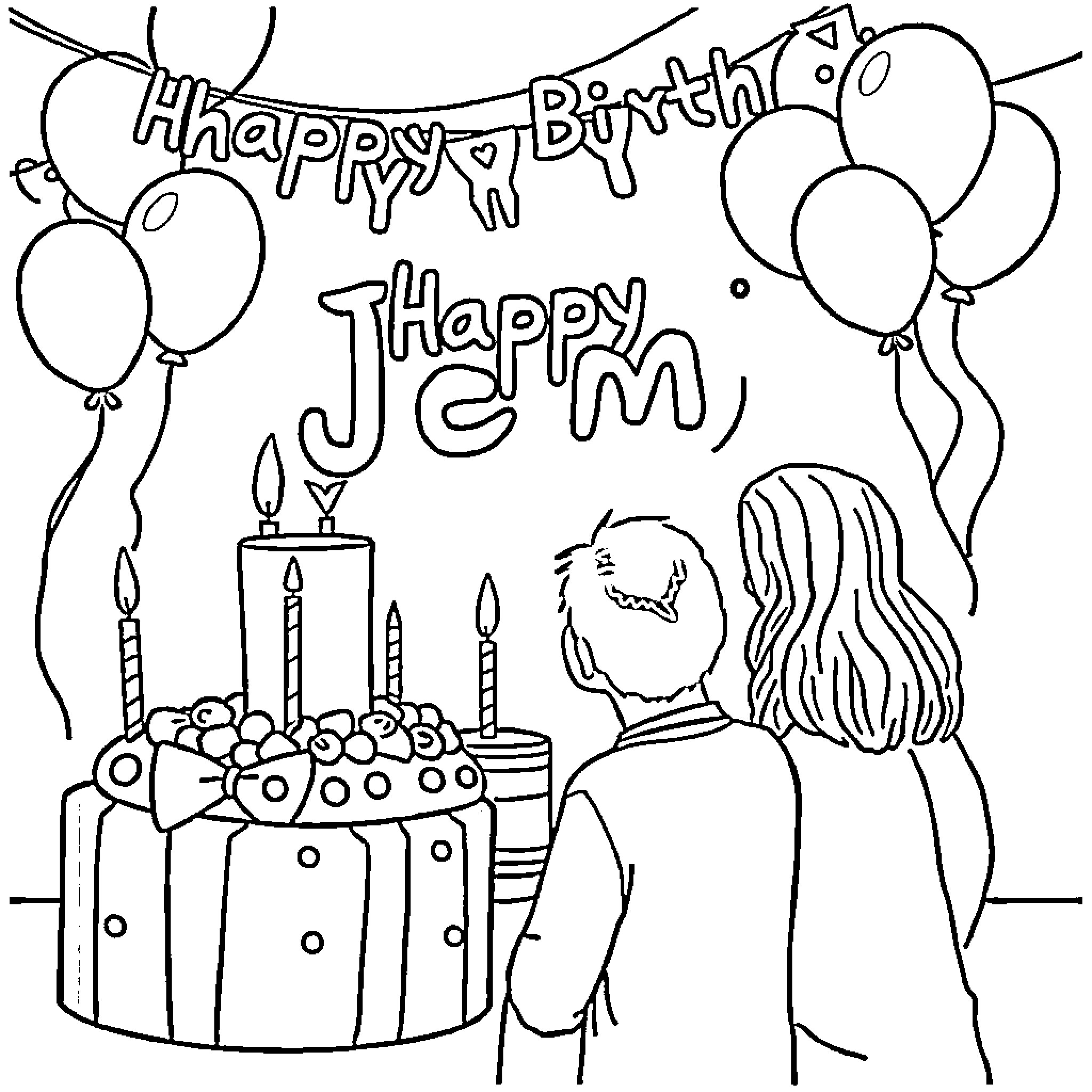 Birthday Celebration with Cake and Balloons Coloring Page (free black-and-white line drawing printable PDF for all, from beginners to advanced learners, including children, teens, adults, and seniors)
