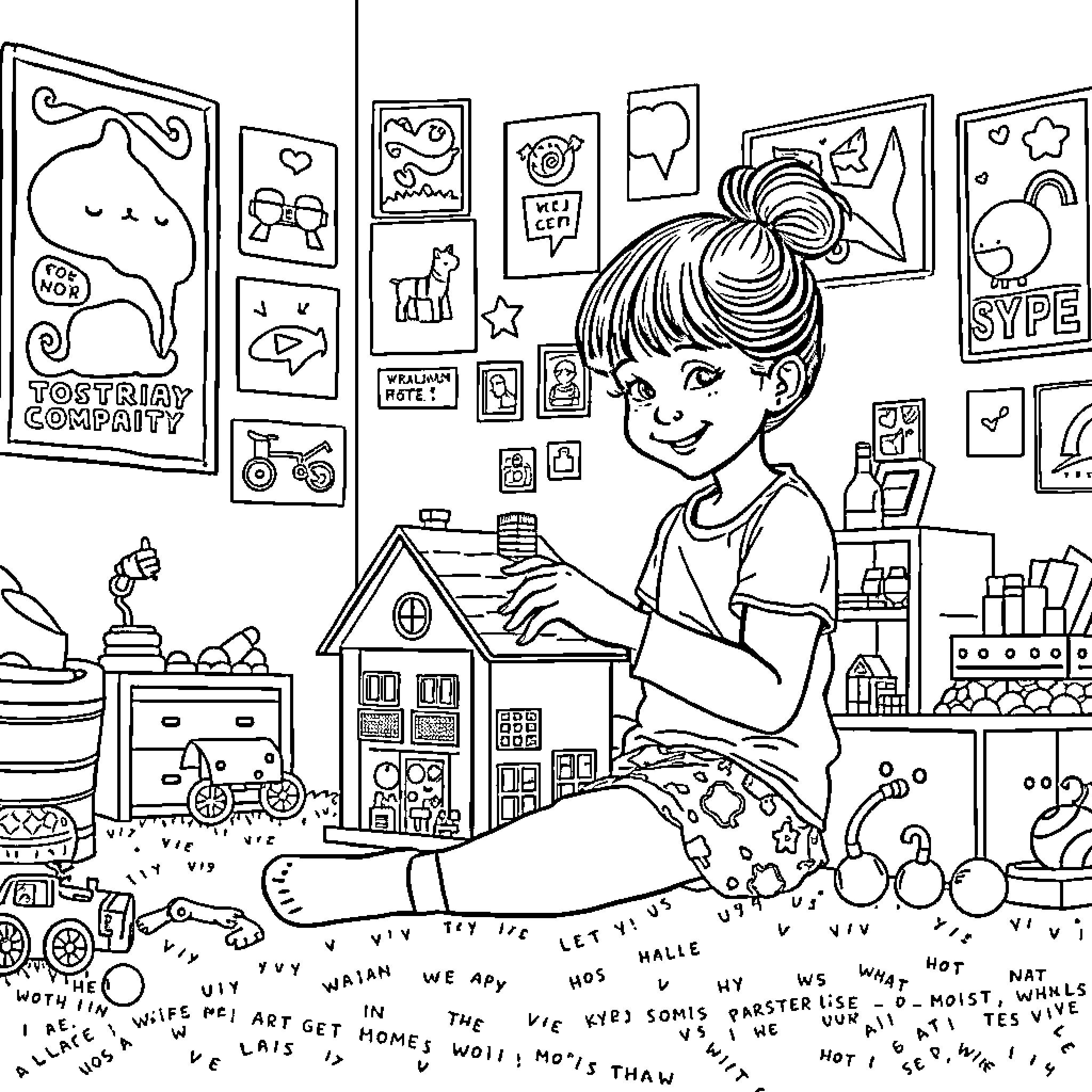 Dollhouse: Girl's Creative Expression and Playful Exploration Coloring Page (free black-and-white line drawing printable PDF for all, from beginners to advanced learners, including children, teens, adults, and seniors)