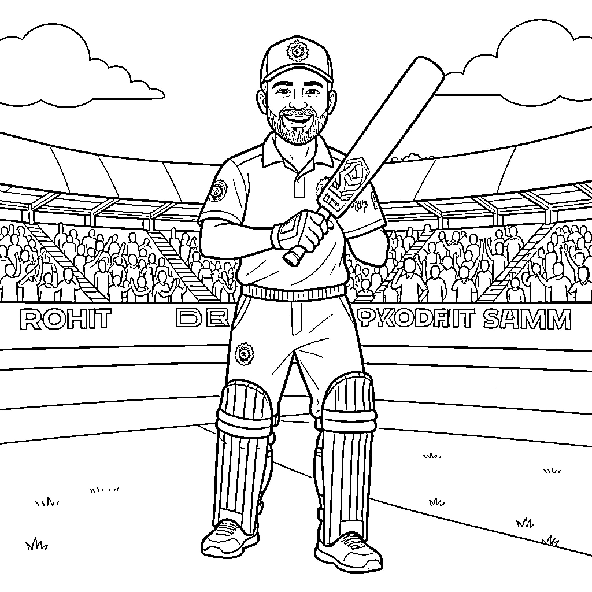 Rohit Sharma playing cricket on the field Coloring Page (free black-and-white line drawing printable PDF for all, from beginners to advanced learners, including children, teens, adults, and seniors)