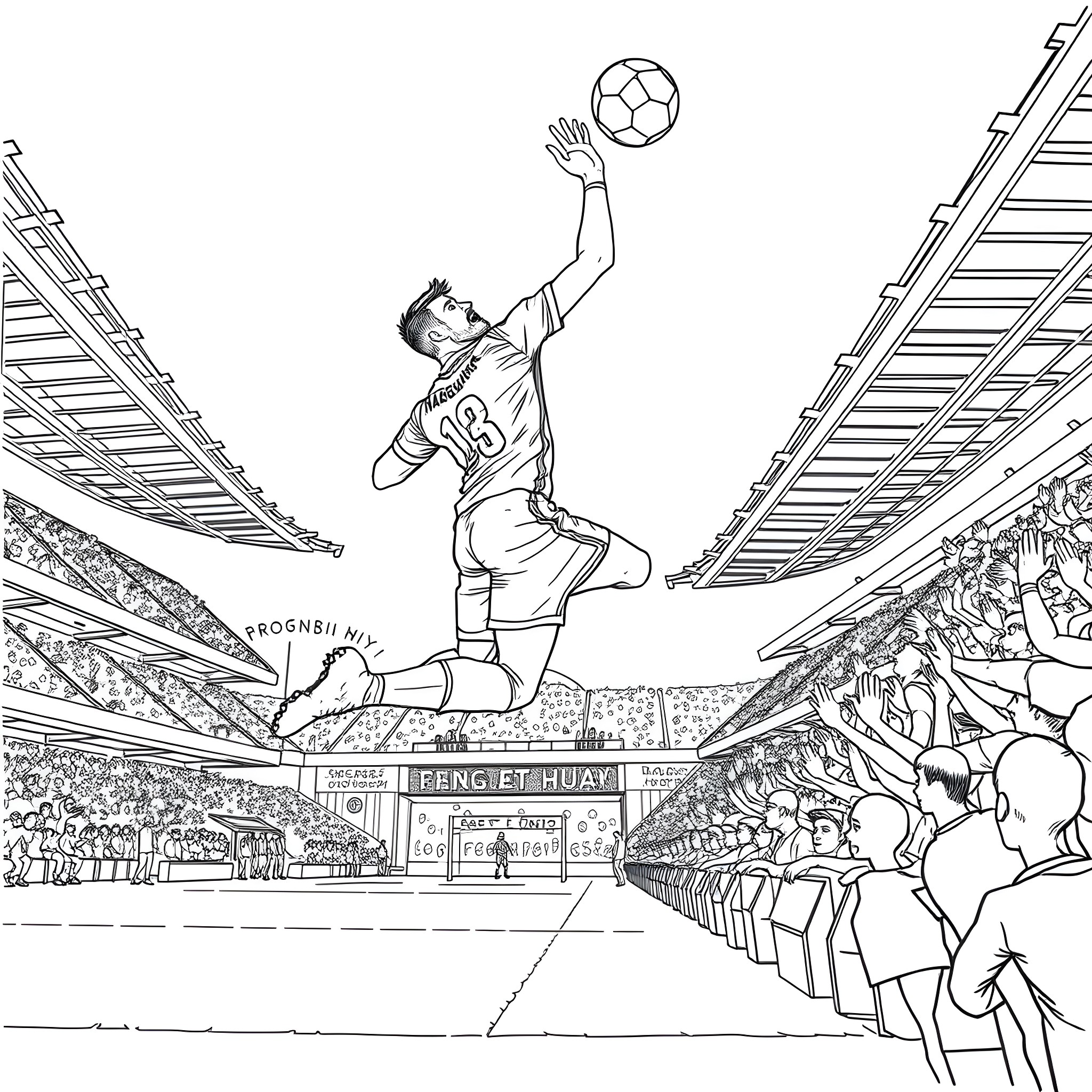 Harry Maguire's Heroic Soccer Leap in Stadium Coloring Page (free black-and-white line drawing printable PDF for all, from beginners to advanced learners, including children, teens, adults, and seniors)