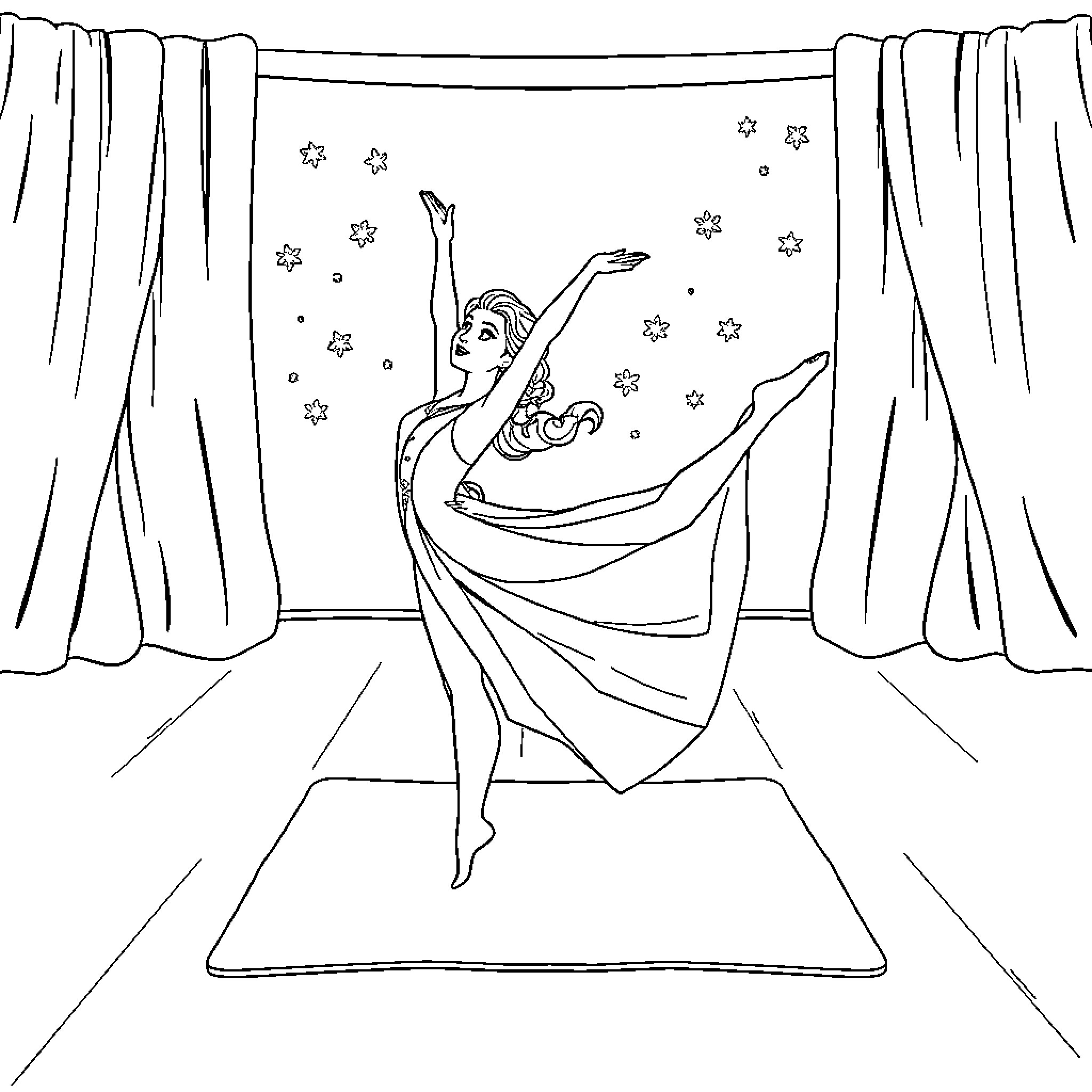 Elsa dancing gracefully on stage Coloring Page (free black-and-white line drawing printable PDF for all, from beginners to advanced learners, including children, teens, adults, and seniors)