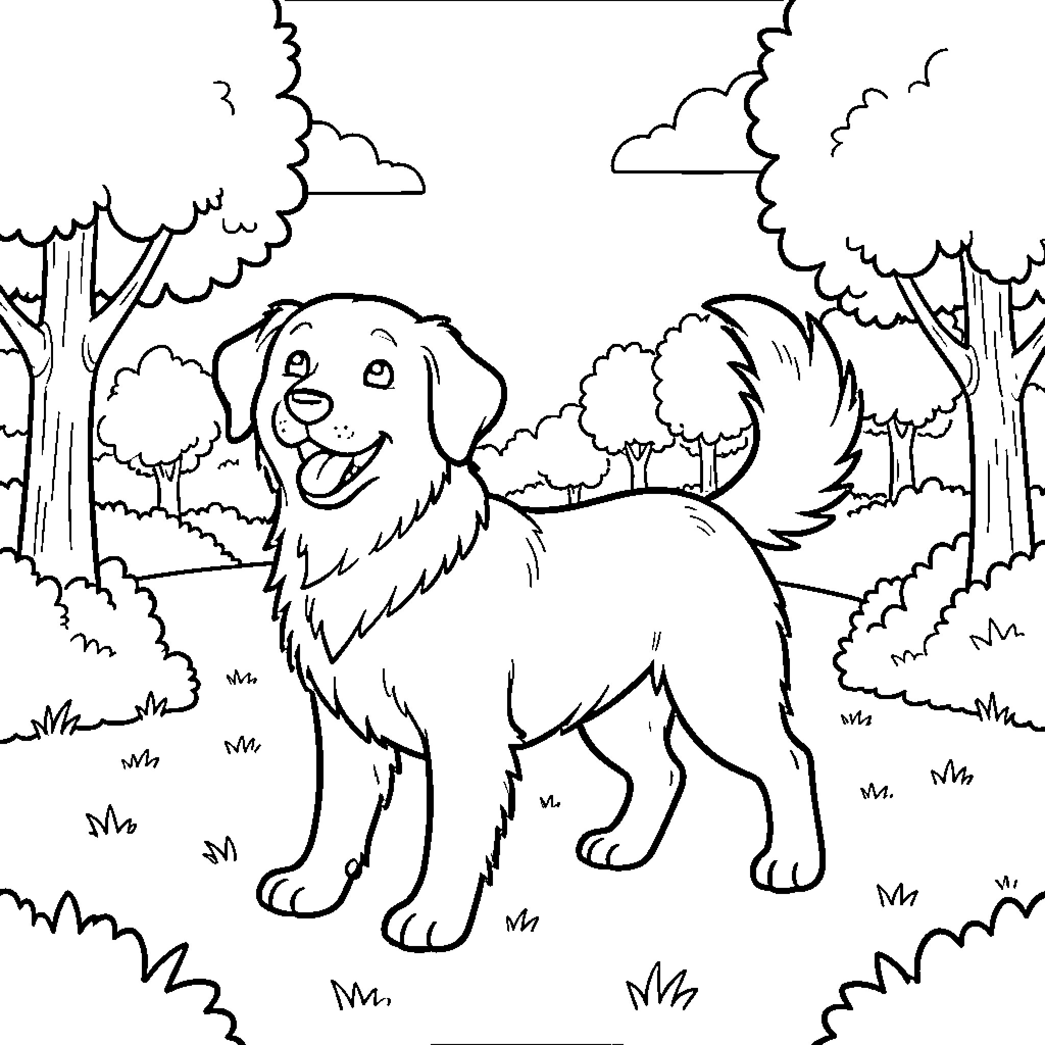 Dog Posing Happily in Forest Landscape Coloring Page (free black-and-white line drawing printable PDF for all, from beginners to advanced learners, including children, teens, adults, and seniors)