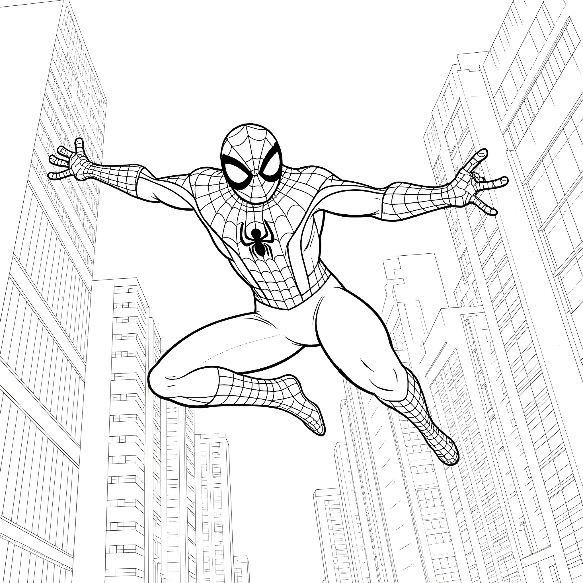 Spider-Man swinging through the city skyline Coloring Page (free black-and-white line drawing printable PDF for all, from beginners to advanced learners, including children, teens, adults, and seniors)