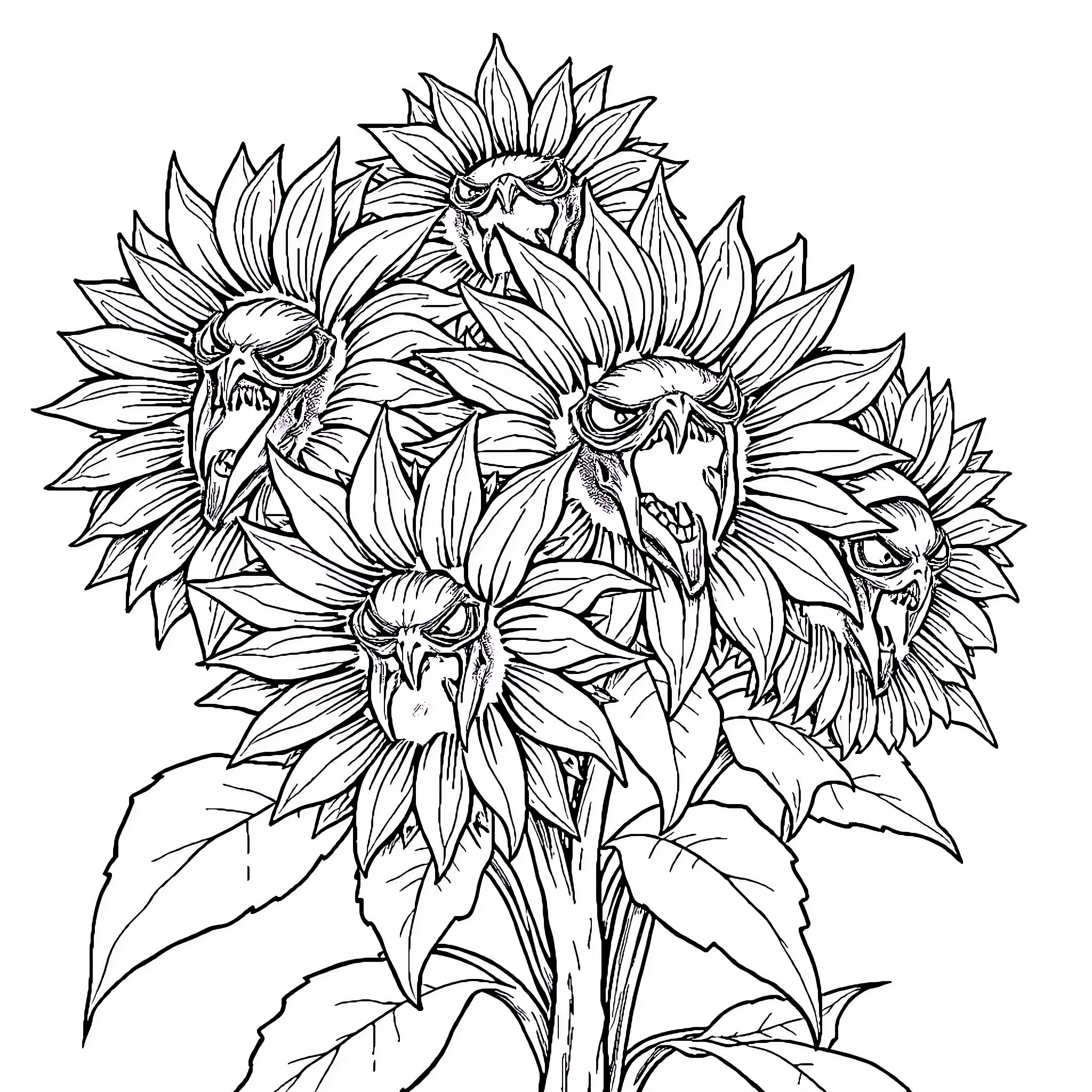 Demon Sunflowers Bursting with Menacing Energy Coloring Page (free black-and-white line drawing printable PDF for all, from beginners to advanced learners, including children, teens, adults, and seniors)