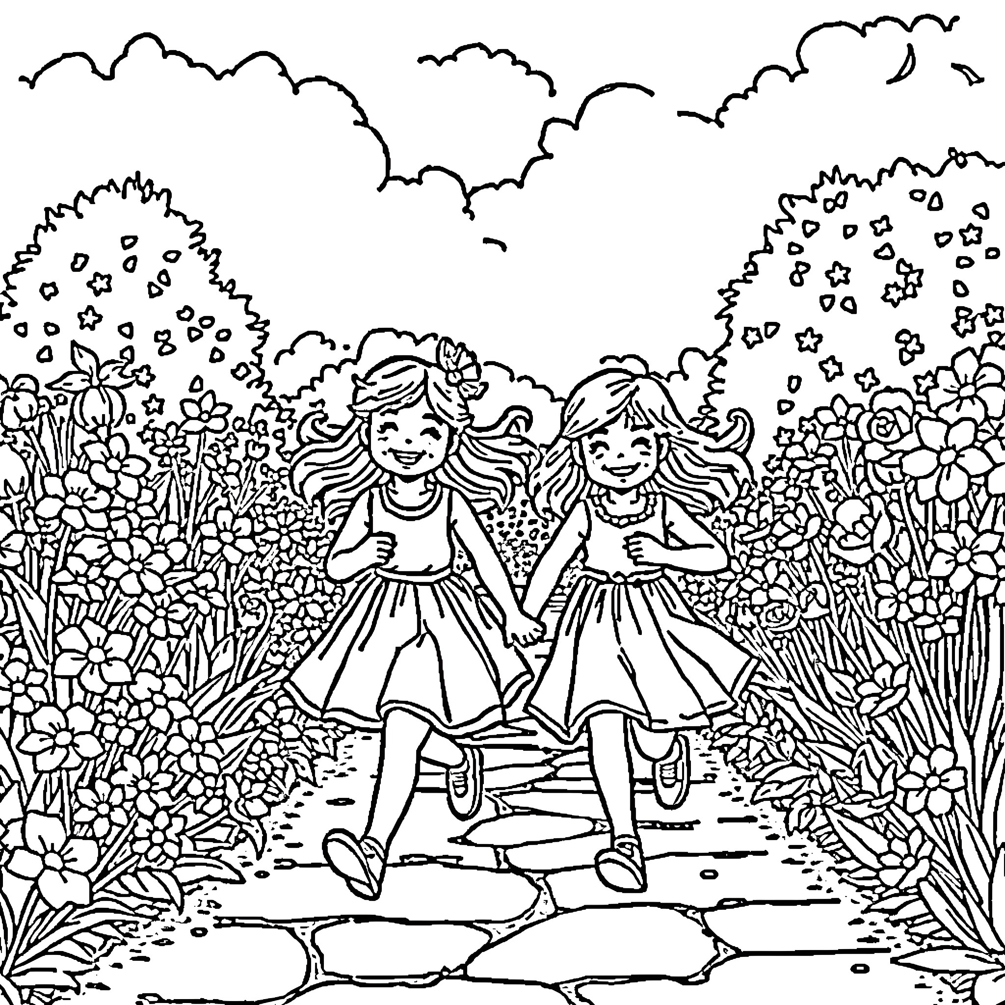 Filles playing happily in a flowery garden Coloring Page (free black-and-white line drawing printable PDF for all, from beginners to advanced learners, including children, teens, adults, and seniors)