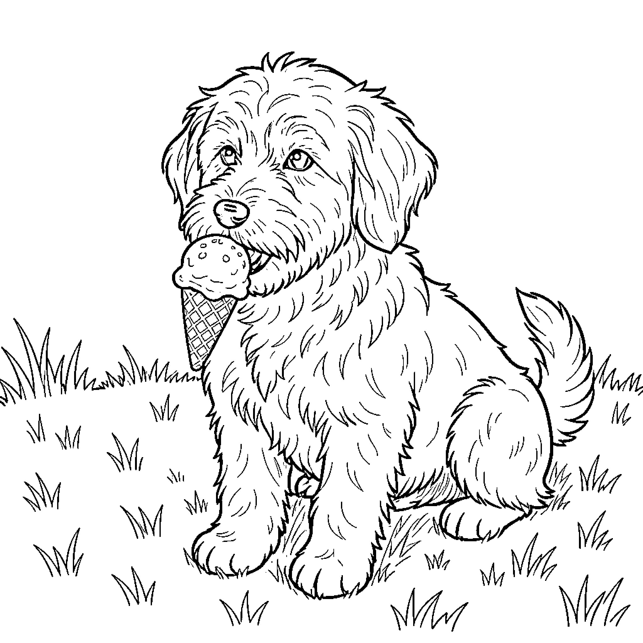 Golden Doodle sitting in grass holding an ice cream cone Coloring Page (free black-and-white line drawing printable PDF for all, from beginners to advanced learners, including children, teens, adults, and seniors)