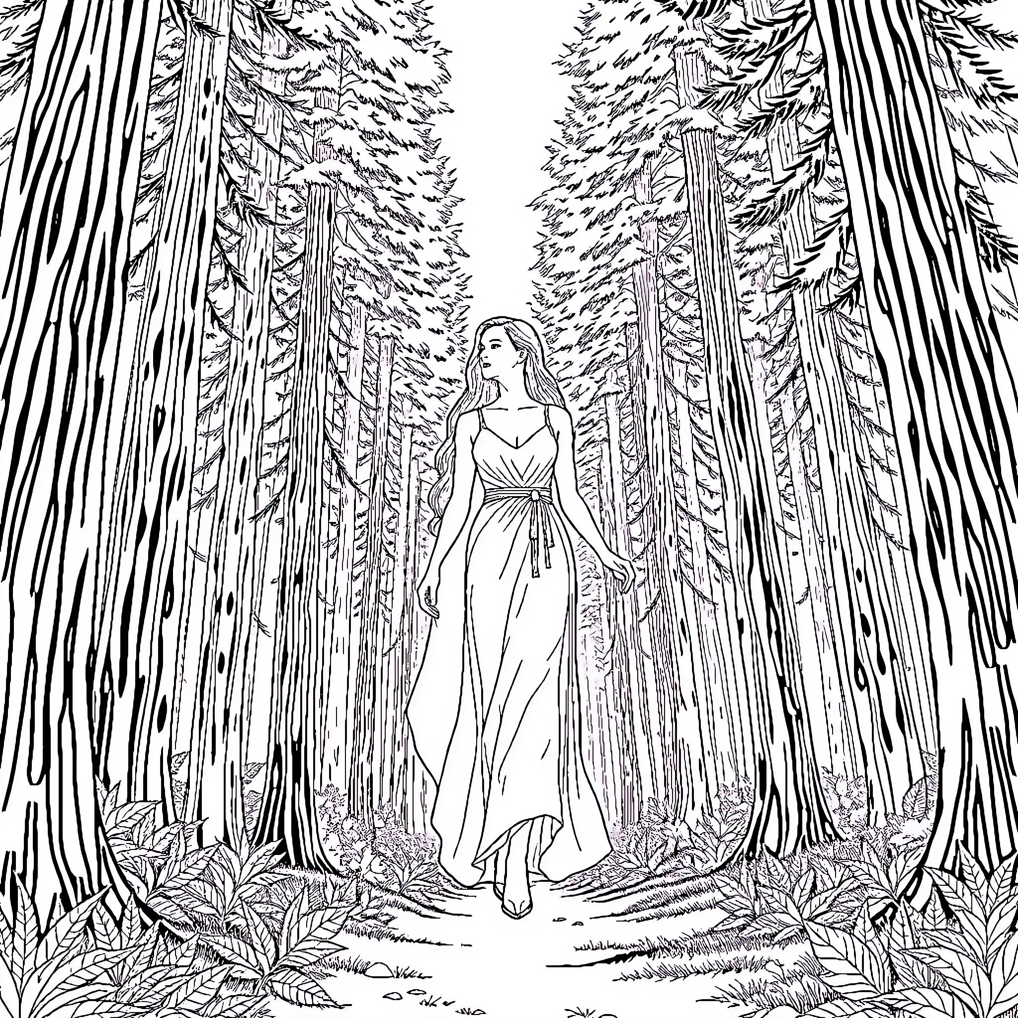 Woman walking gracefully through a serene forest Coloring Page (free black-and-white line drawing printable PDF for all, from beginners to advanced learners, including children, teens, adults, and seniors)