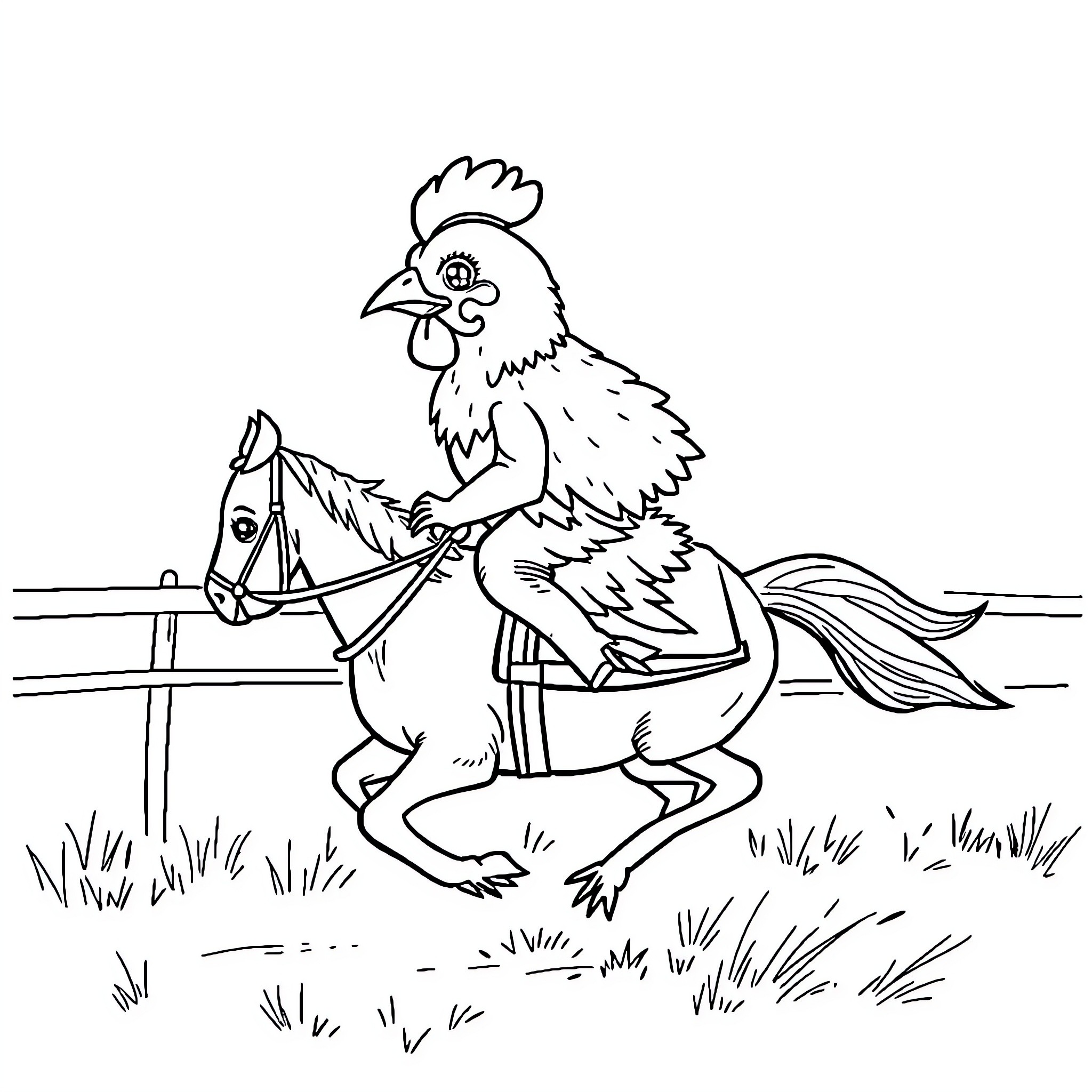 Chicken riding a horse in the field Coloring Page (free black-and-white line drawing printable PDF for all, from beginners to advanced learners, including children, teens, adults, and seniors)