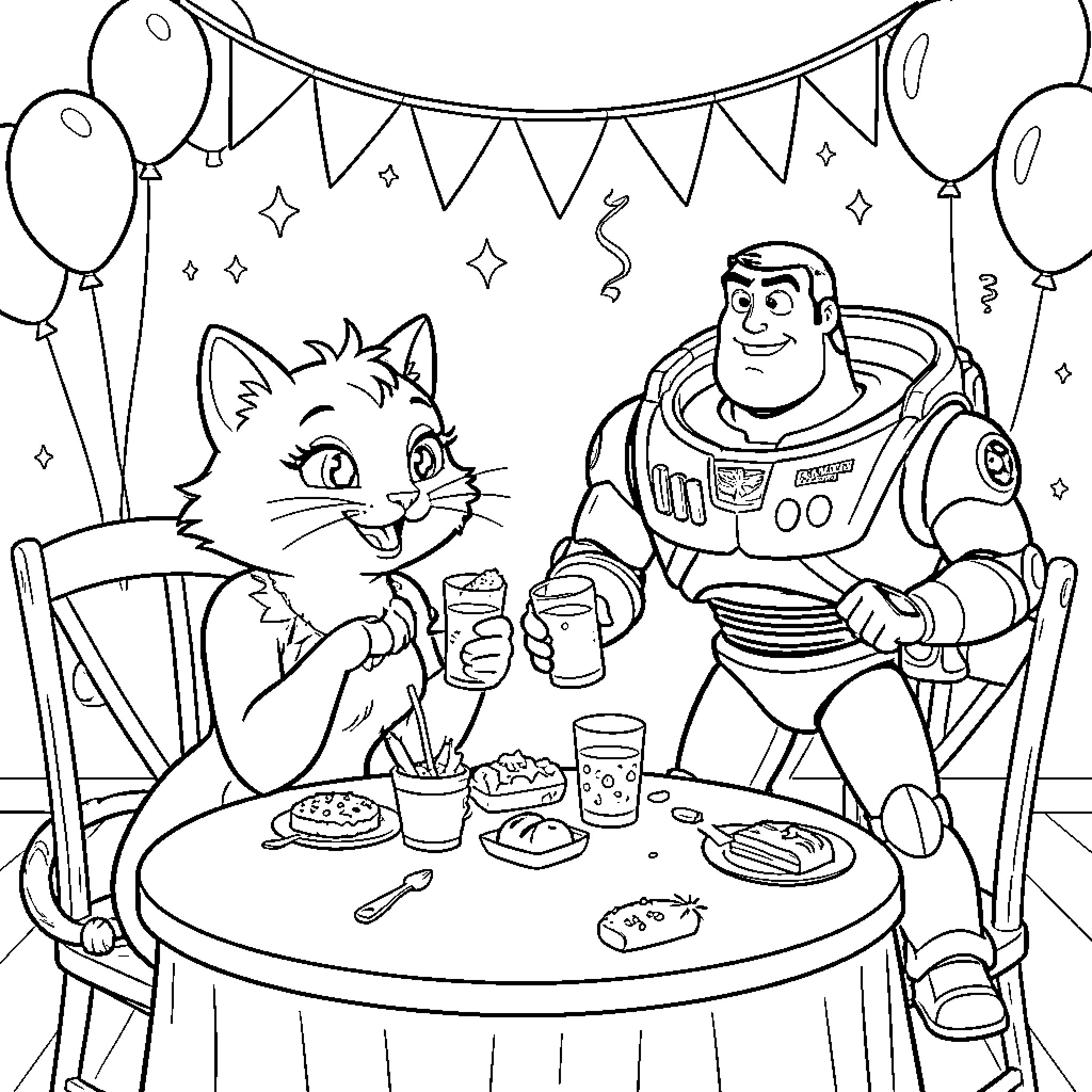 Marie the cat having a party with a space ranger Coloring Page (free black-and-white line drawing printable PDF for all, from beginners to advanced learners, including children, teens, adults, and seniors)