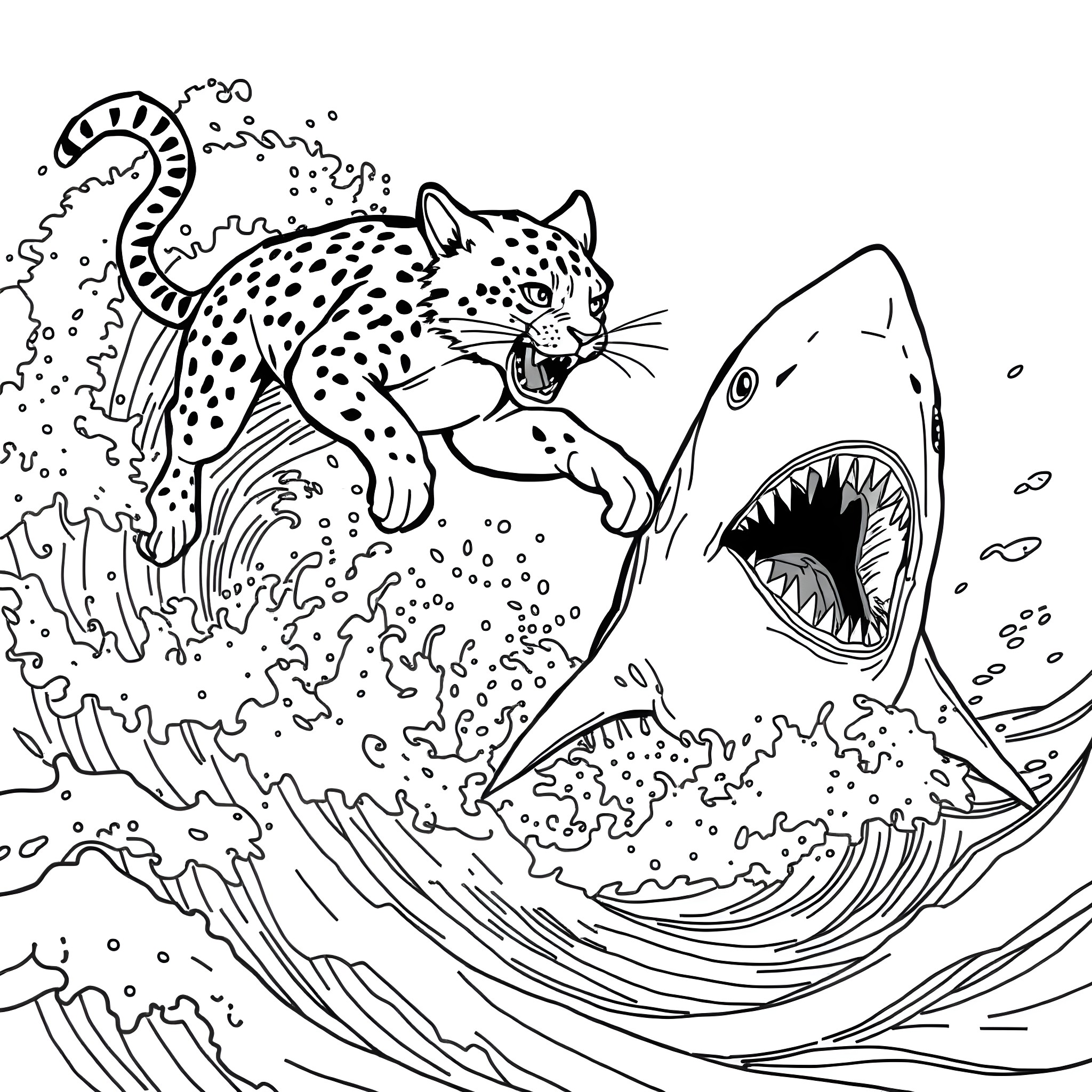 Cat battling a ferocious shark in the ocean Coloring Page (free black-and-white line drawing printable PDF for all, from beginners to advanced learners, including children, teens, adults, and seniors)