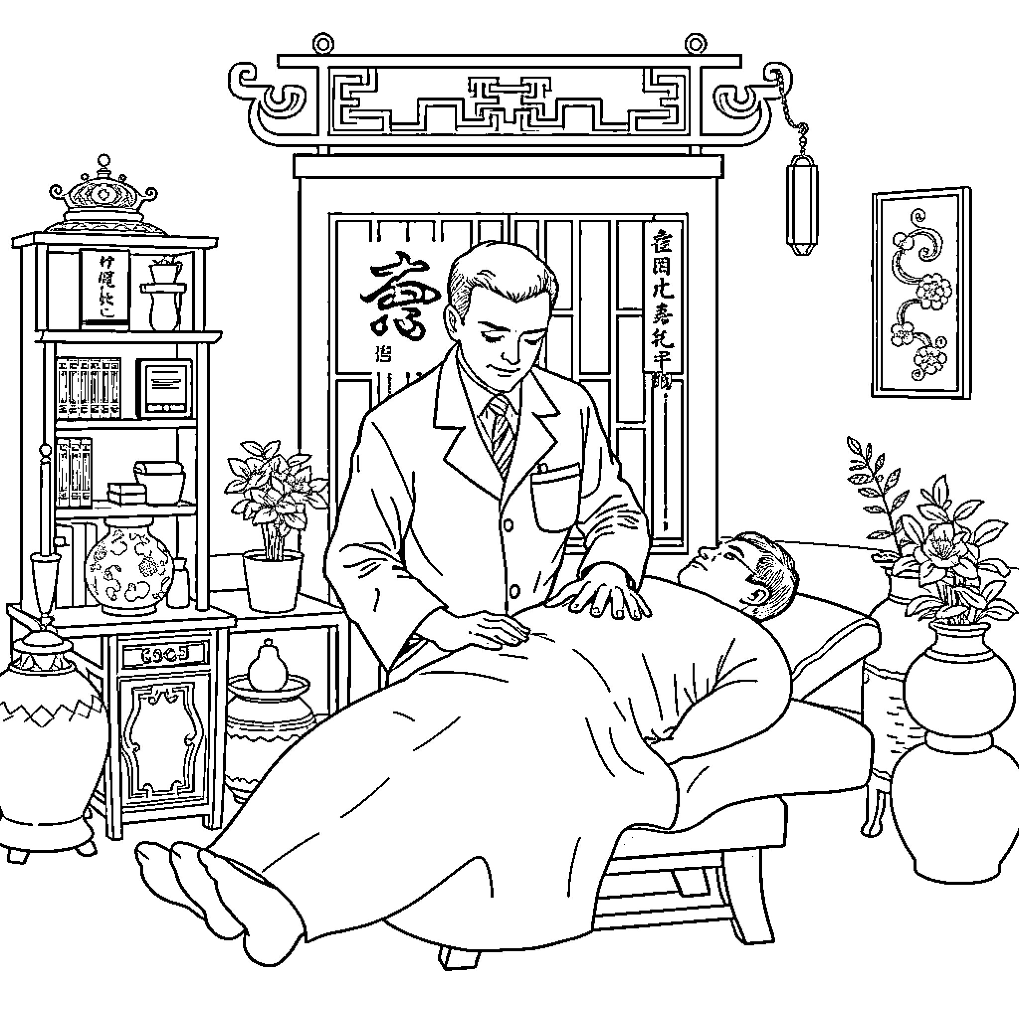 Doctor providing medical care in traditional setting Coloring Page (free black-and-white line drawing printable PDF for all, from beginners to advanced learners, including children, teens, adults, and seniors)