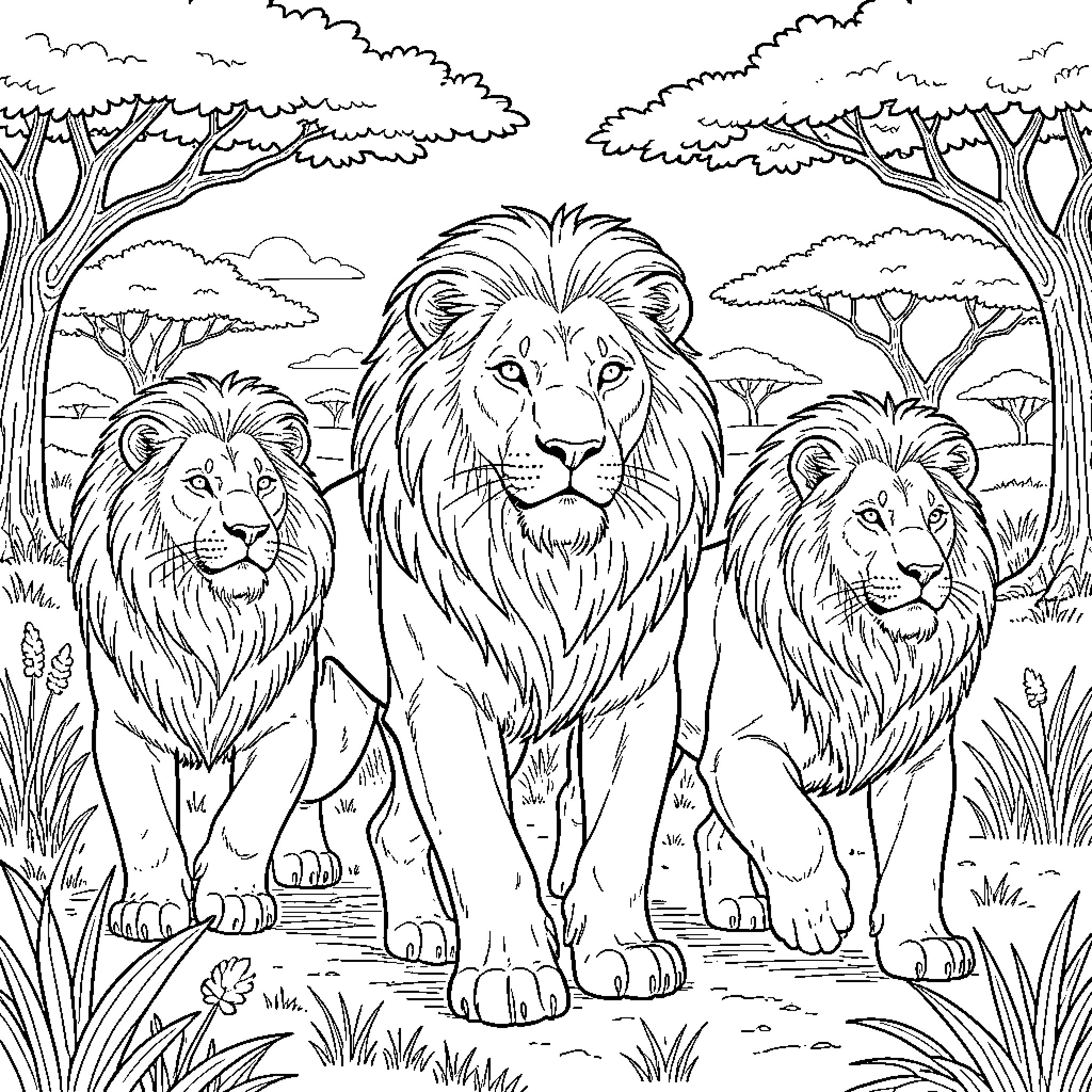 Lion pride walking through the savanna landscape Coloring Page (free black-and-white line drawing printable PDF for all, from beginners to advanced learners, including children, teens, adults, and seniors)