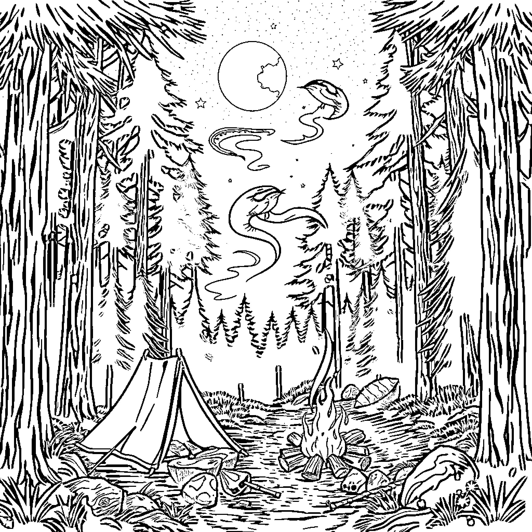 Camp Night Adventure Under Starry Sky Coloring Page (free black-and-white line drawing printable PDF for all, from beginners to advanced learners, including children, teens, adults, and seniors)
