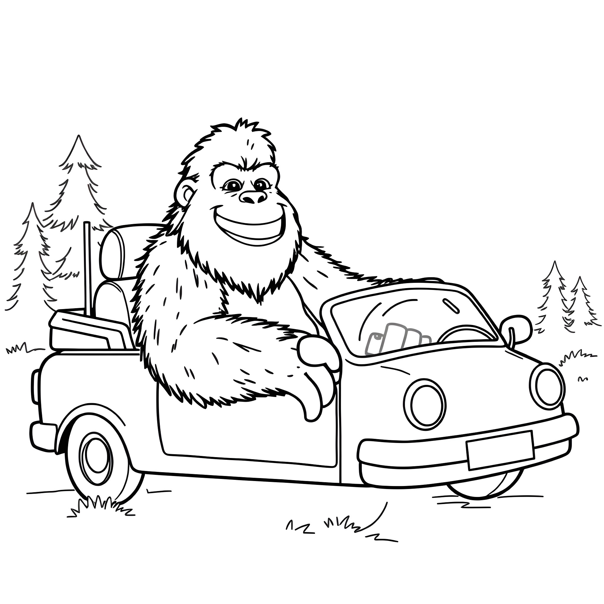 Bigfoot driving a car through the forest Coloring Page (free black-and-white line drawing printable PDF for all, from beginners to advanced learners, including children, teens, adults, and seniors)