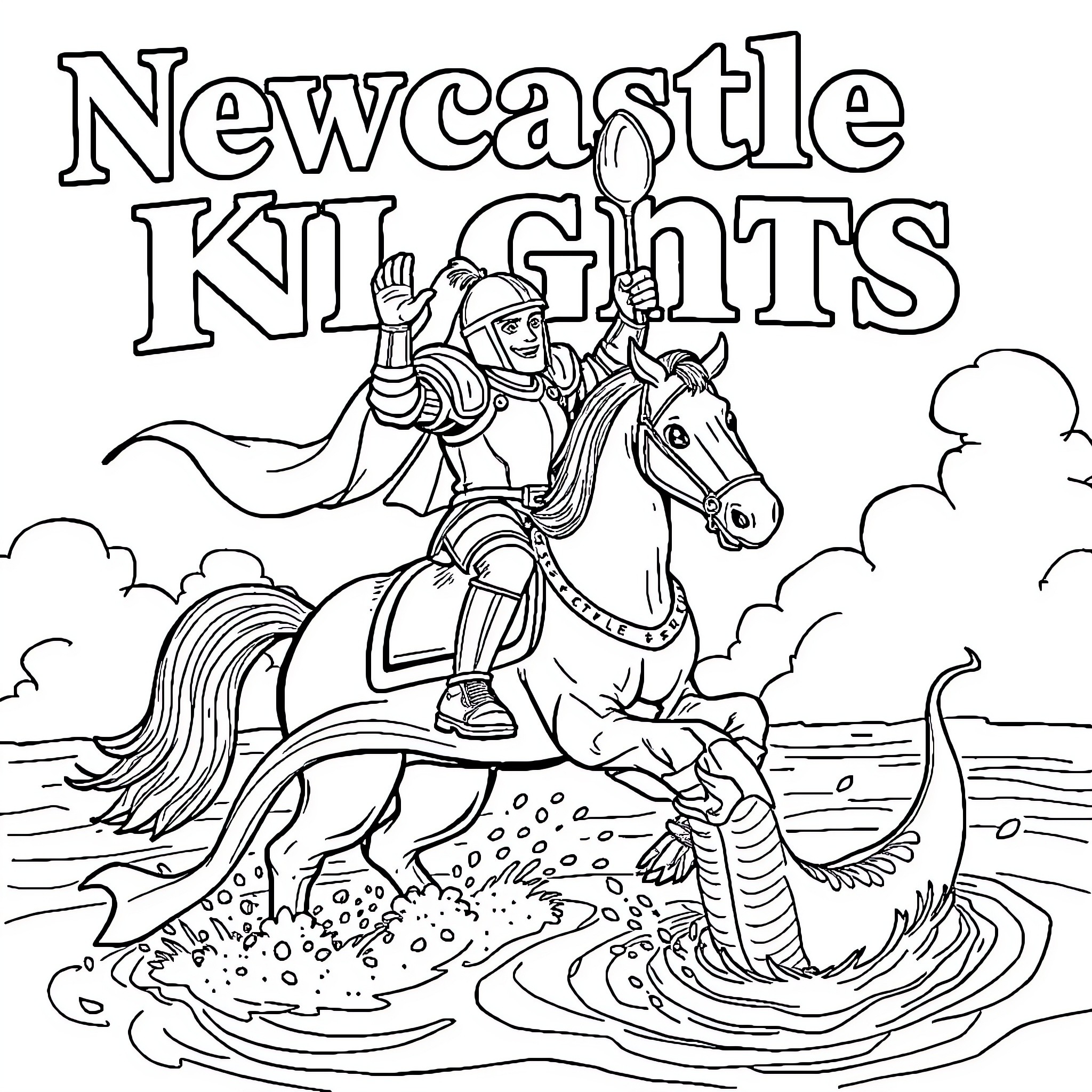 Knight battling a mythical creature on horseback Coloring Page (free black-and-white line drawing printable PDF for all, from beginners to advanced learners, including children, teens, adults, and seniors)