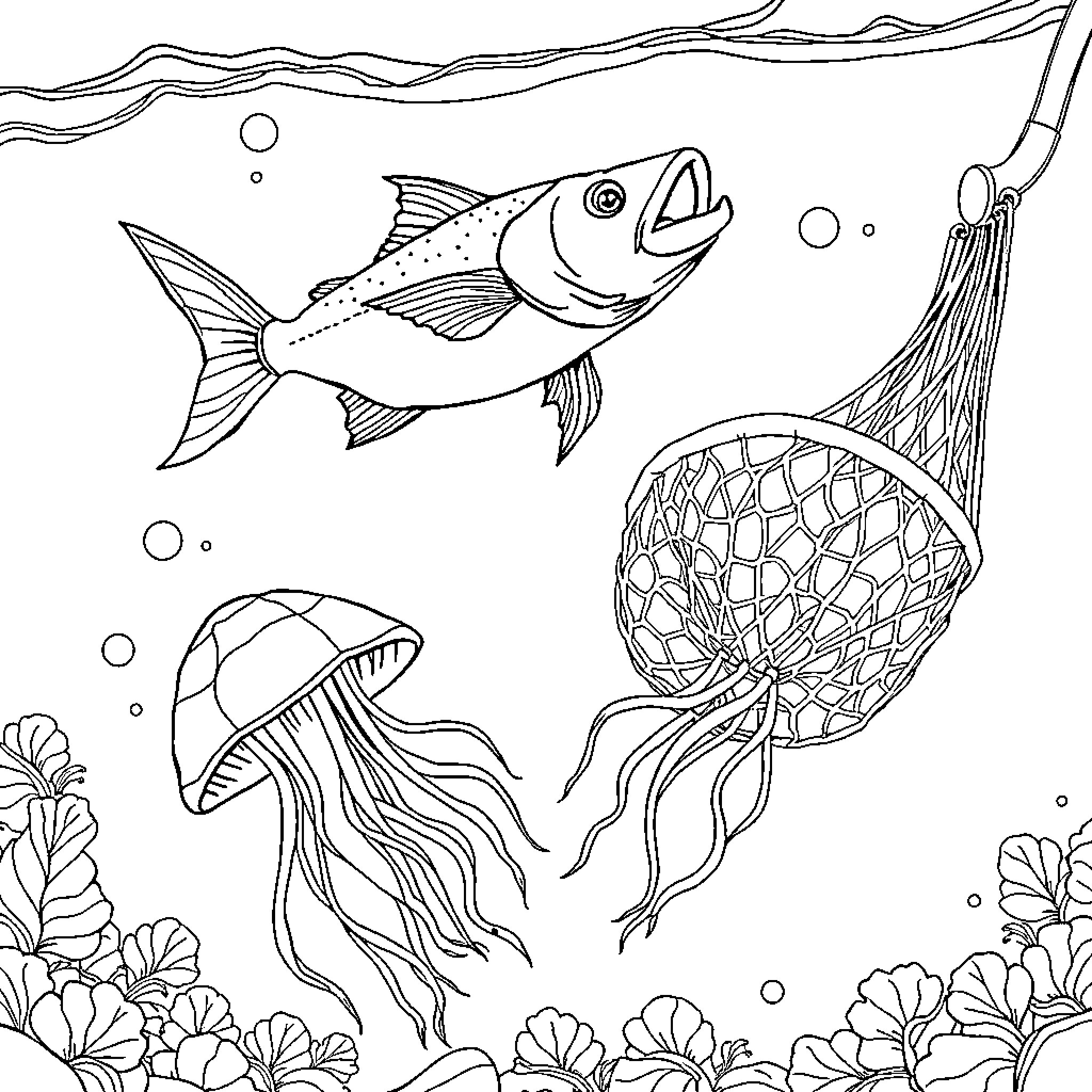 Fish swimming in underwater garden Coloring Page (free black-and-white line drawing printable PDF for all, from beginners to advanced learners, including children, teens, adults, and seniors)