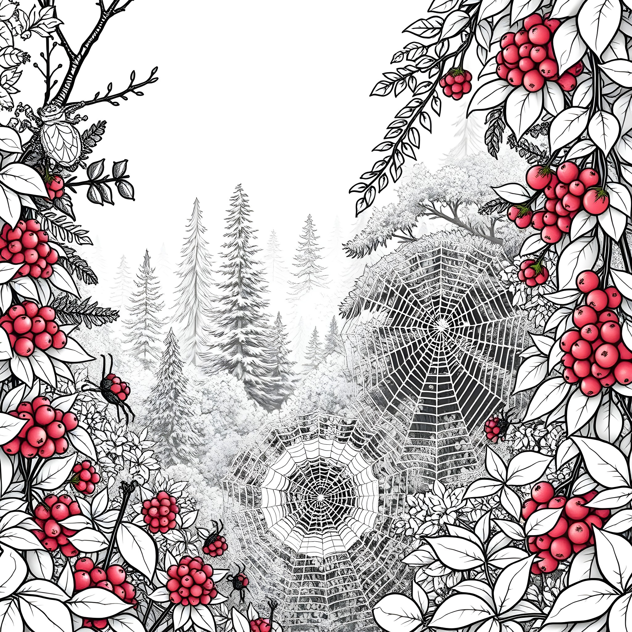 Spider Traps in the Snowy Forest Coloring Page (free black-and-white line drawing printable PDF for all, from beginners to advanced learners, including children, teens, adults, and seniors)