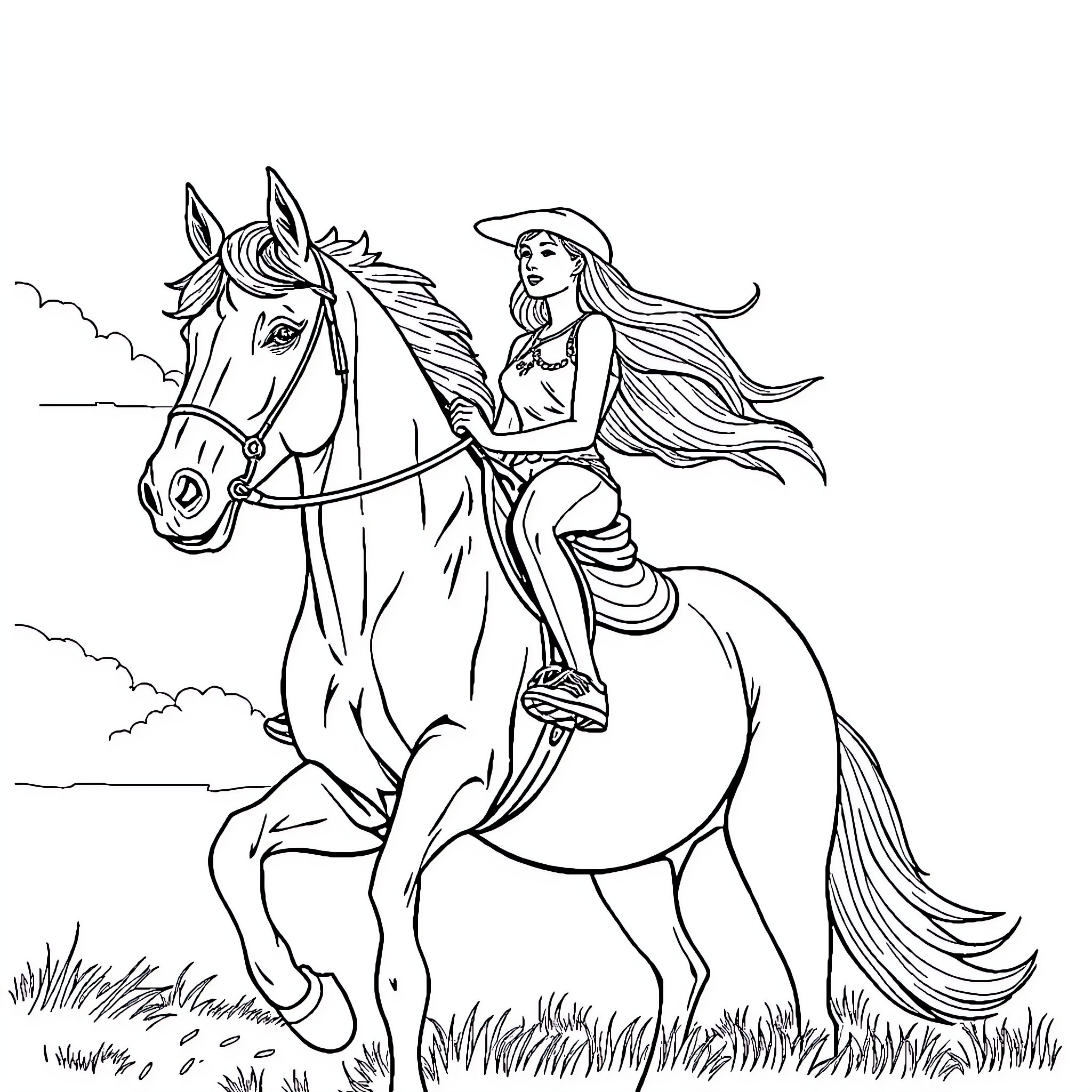 Lainey Wilson riding a majestic horse through the countryside Coloring Page (free black-and-white line drawing printable PDF for all, from beginners to advanced learners, including children, teens, adults, and seniors)